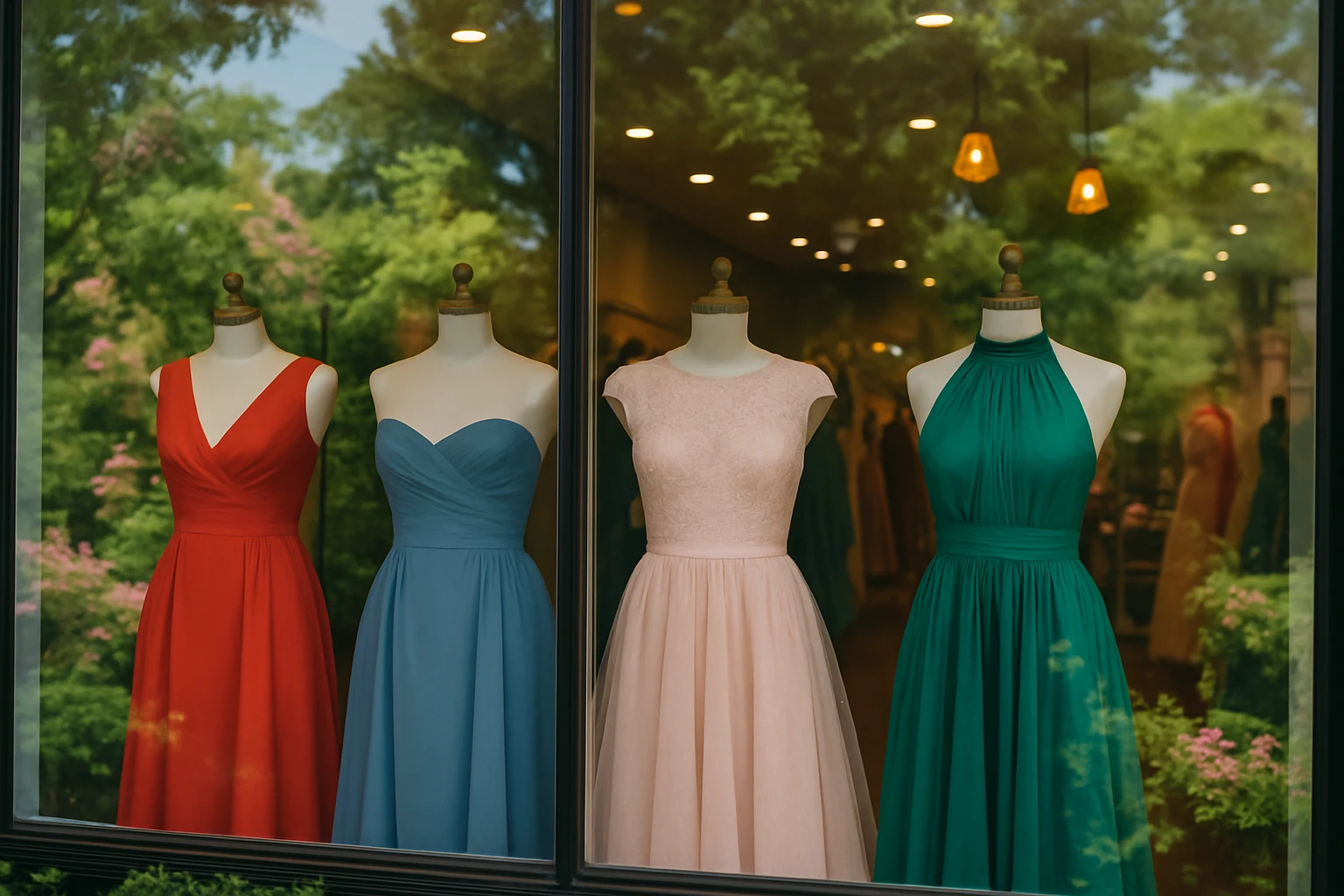 A vibrant boutique storefront window showcasing a variety of elegant dresses on mannequins, with a lush garden in the background reflecting in the glass.