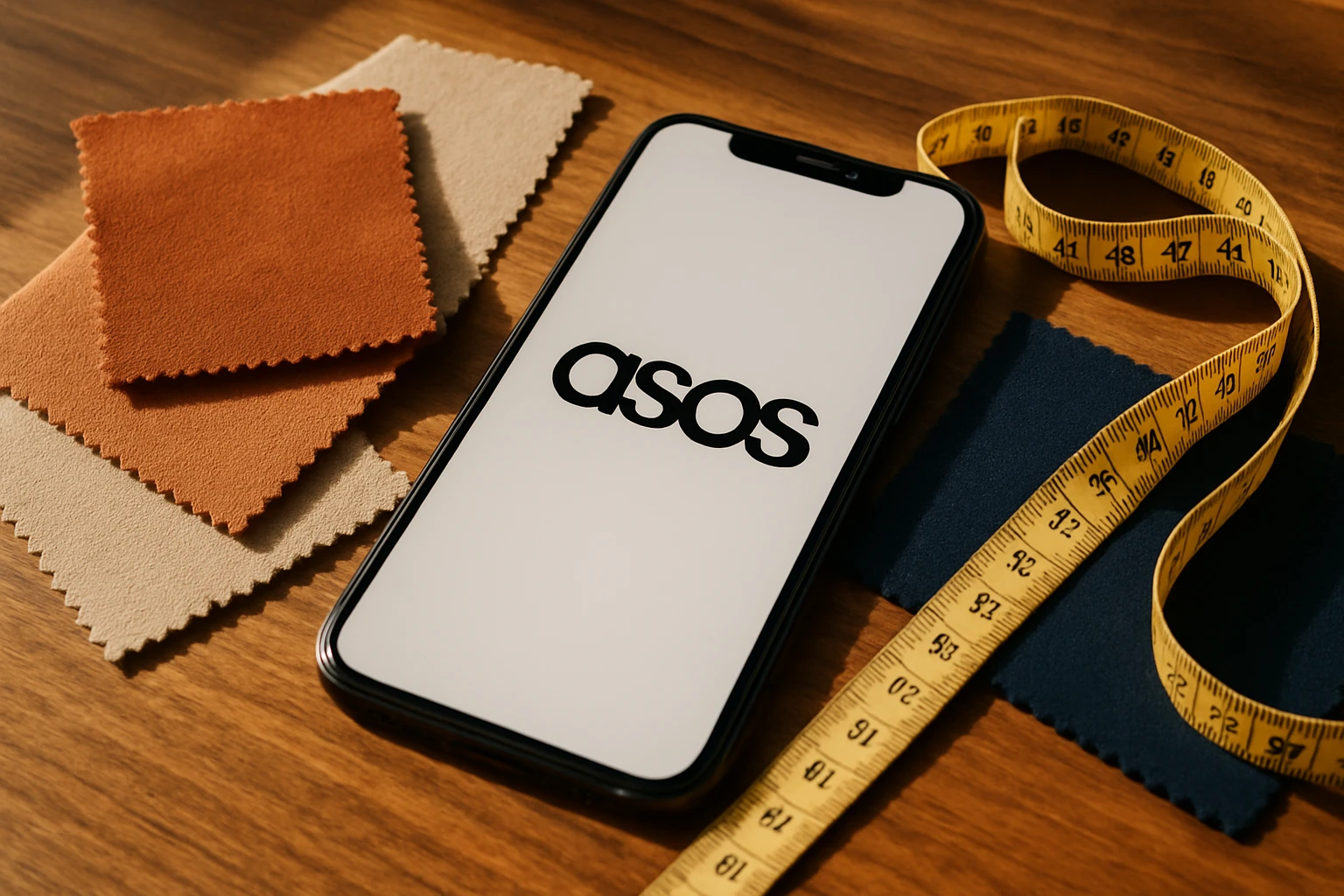 A close-up of a smartphone screen displaying the ASOS app, surrounded by swatches of fabric and a measuring tape, set on a stylish wooden table with natural light streaming in.