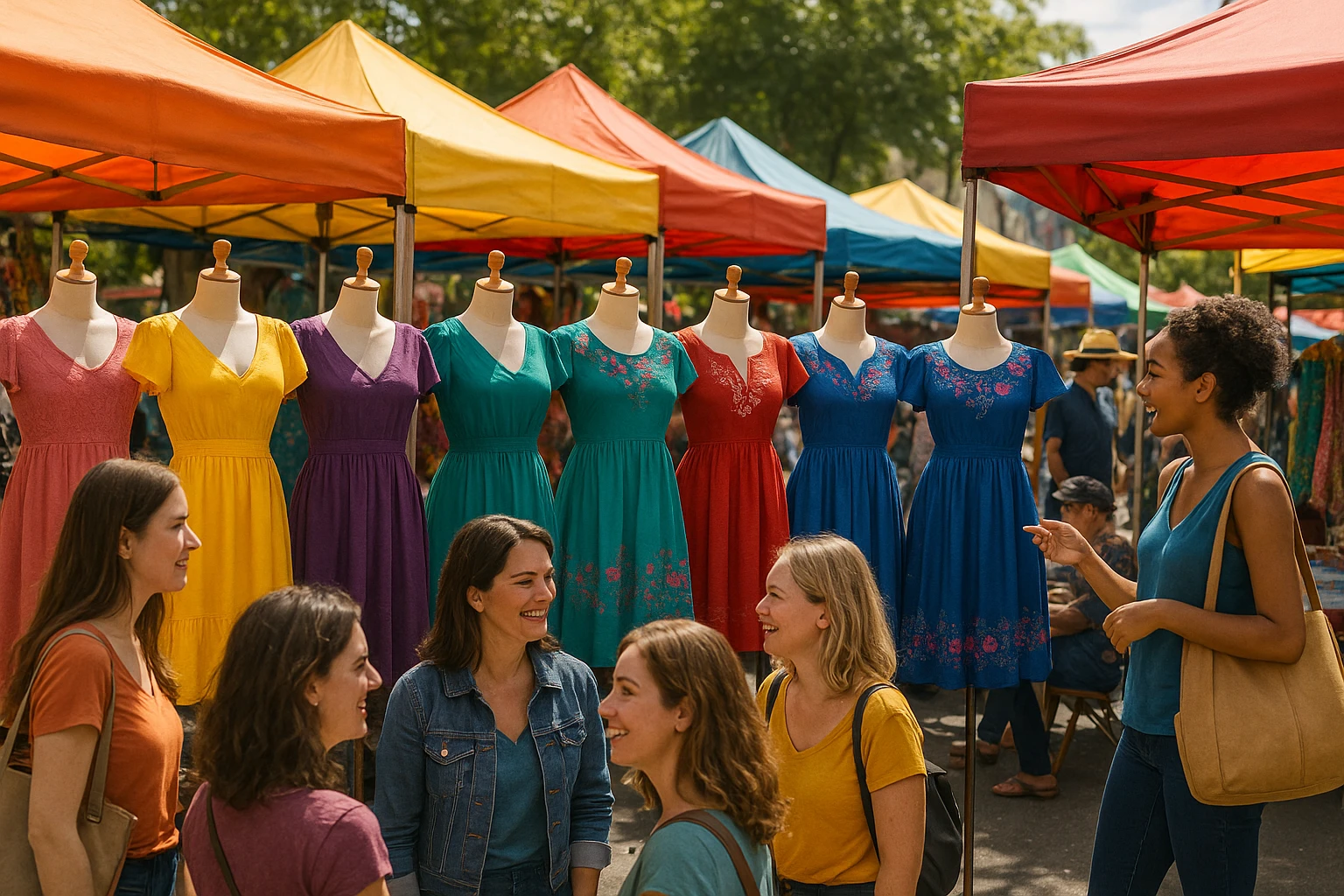 A vibrant outdoor market scene with colorful occasion-specific dresses displayed on mannequins under bright tents, surrounded by cheerful shoppers exploring the variety of styles and fabrics.