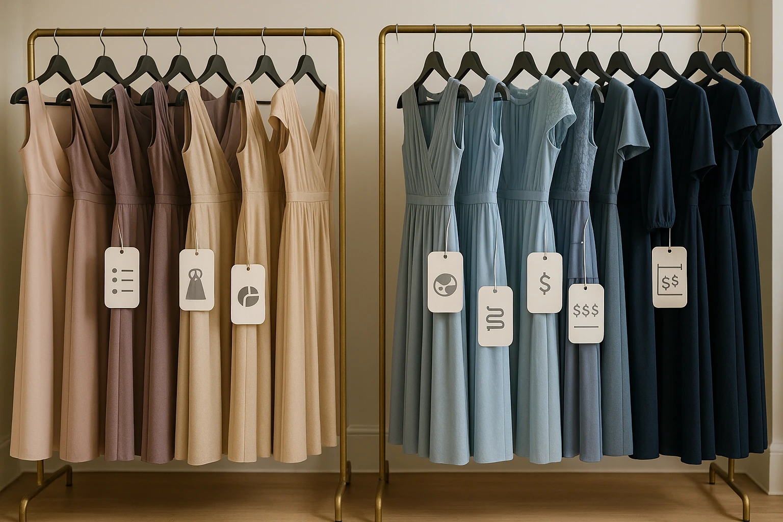 A collection of elegant dresses on display racks in a stylish boutique, with tags indicating filters like size, color, and price range clearly visible, creating an organized and visually appealing shopping experience.