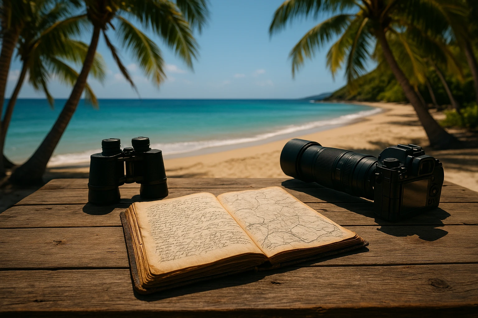A weathered notebook filled with scribbled notes and maps, binoculars, and a camera with a long lens sit on a rustic wooden table under swaying palm trees on a secluded beach in Saint Kitts and Nevis, hinting at a private investigation in progress.