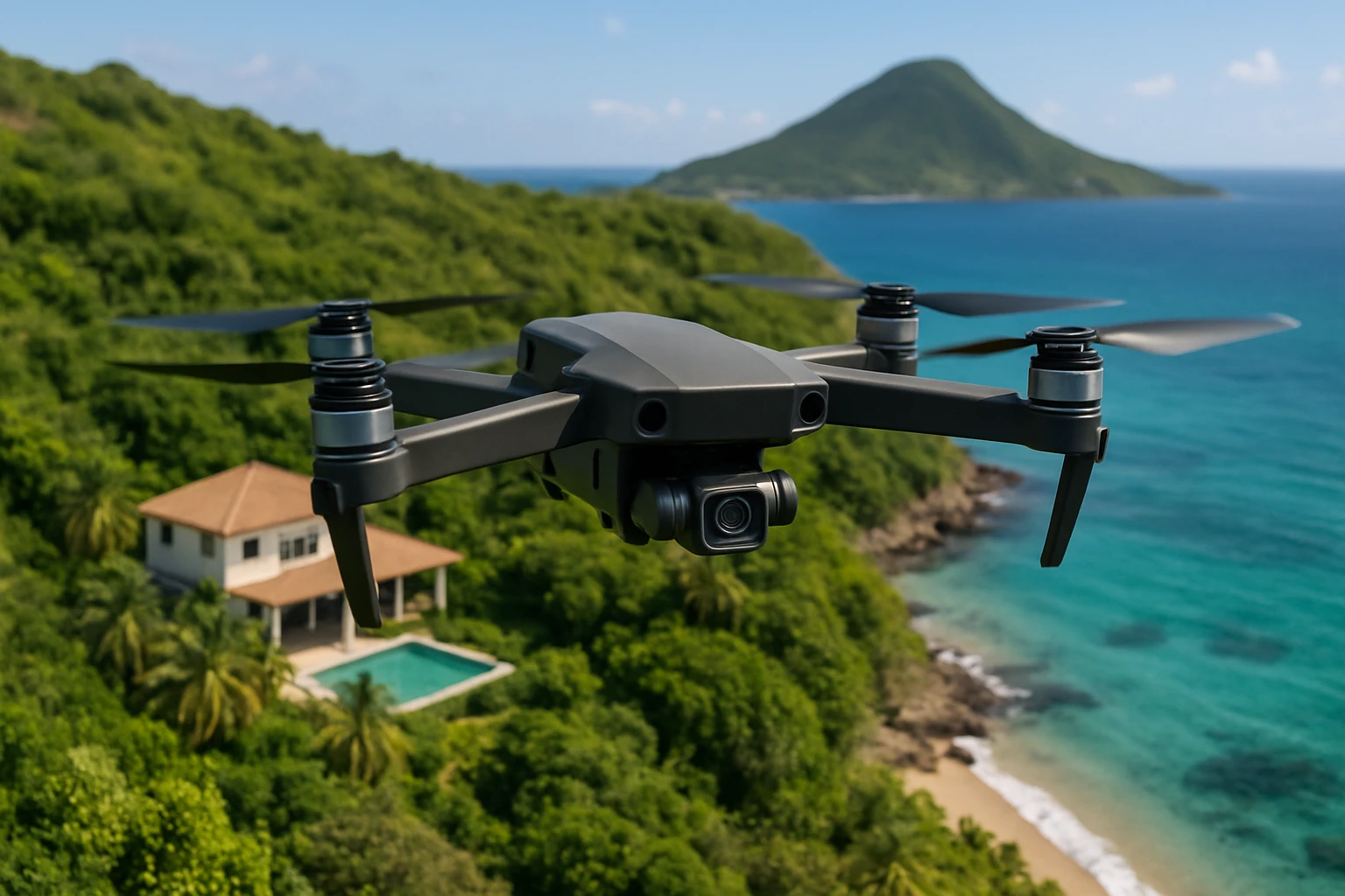 A compact drone hovering above a tropical landscape in Saint Kitts and Nevis, equipped with a high-resolution camera, capturing footage of a secluded villa surrounded by lush greenery and azure waters, indicating advanced surveillance techniques in use.