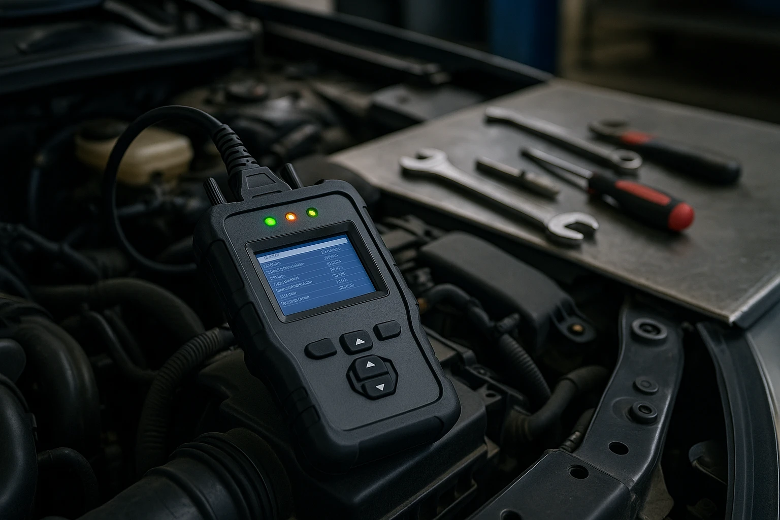 A close-up shot of a diagnostic code reader in an auto repair garage, resting on the engine of a car, displaying illuminated LED indicators and digital screen data, surrounded by various tools on a metallic workbench in the background.