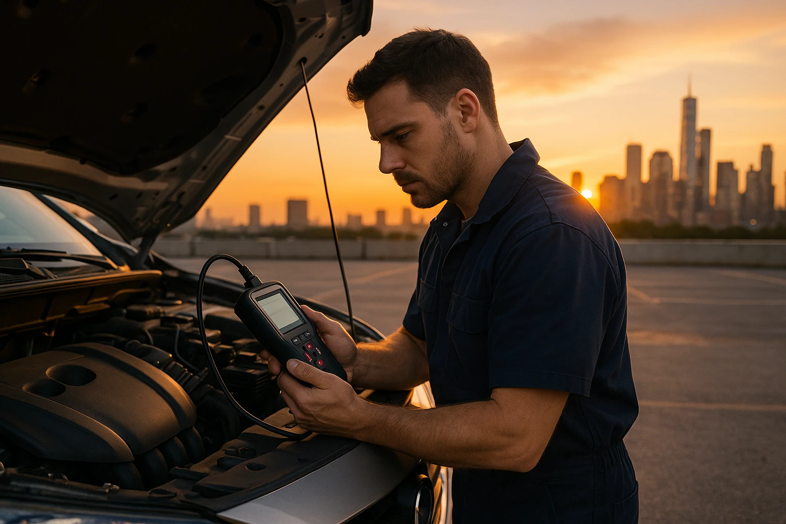 A mechanic in an open-air car park using a handheld fault code reader connected to a car's diagnostic port, with a city skyline in the background and the sun setting, casting warm hues over the scene.