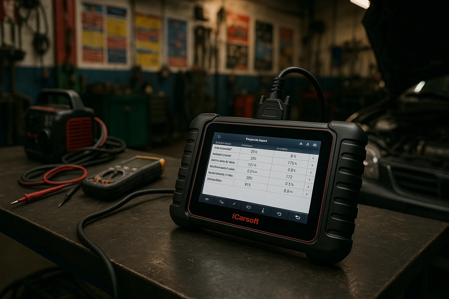 A mechanic's workshop filled with various diagnostic tools, where the iCarsoft CR Max is prominently displayed on a workbench, showing its large 7-inch touchscreen with diagnostic data, surrounded by other automotive equipment and colorful posters on the walls.