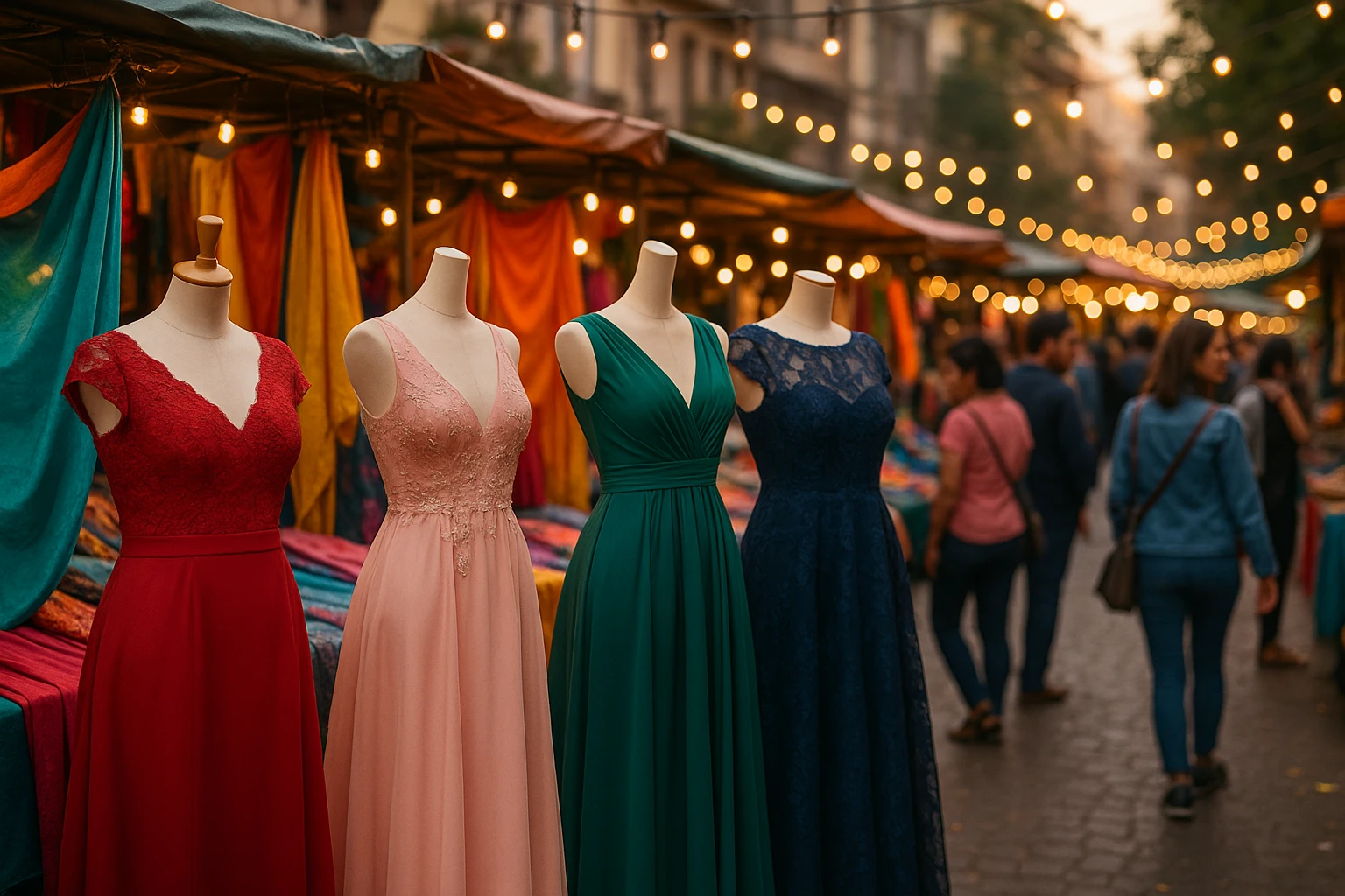 A vibrant outdoor market scene showcasing mannequins dressed in elegant occasion-specific dresses, with colorful fabrics draped over market stalls and shoppers browsing under decorative string lights.