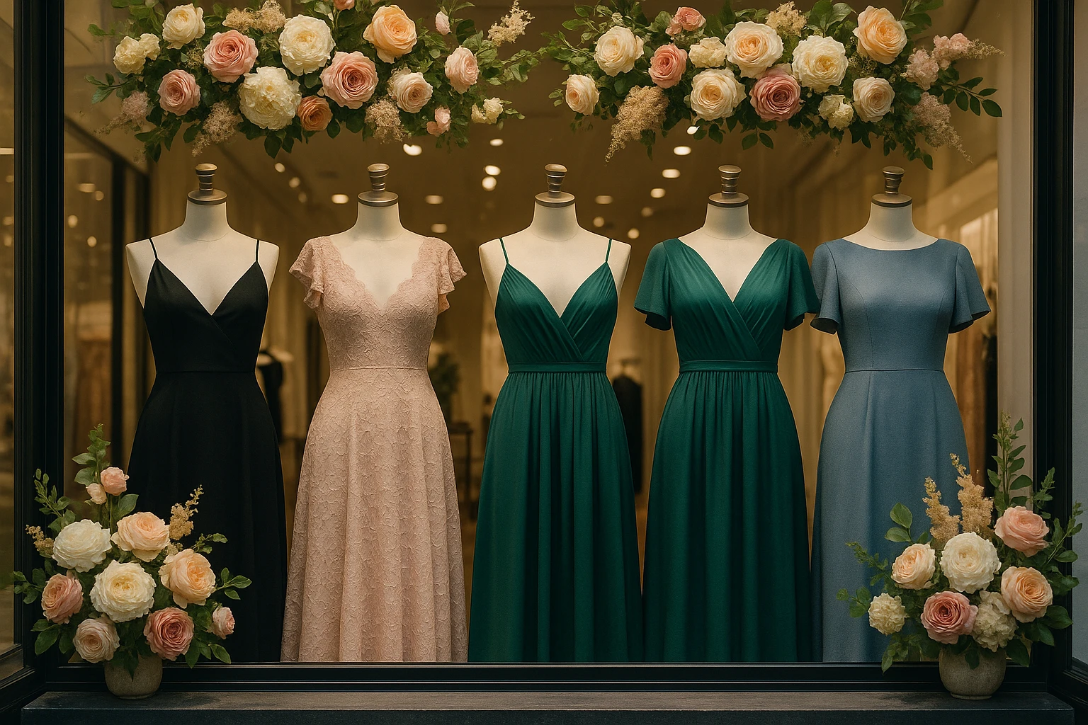 A stylish boutique display window showcasing a variety of elegant occasion-specific dresses on mannequins, with lush floral arrangements and a prominent 