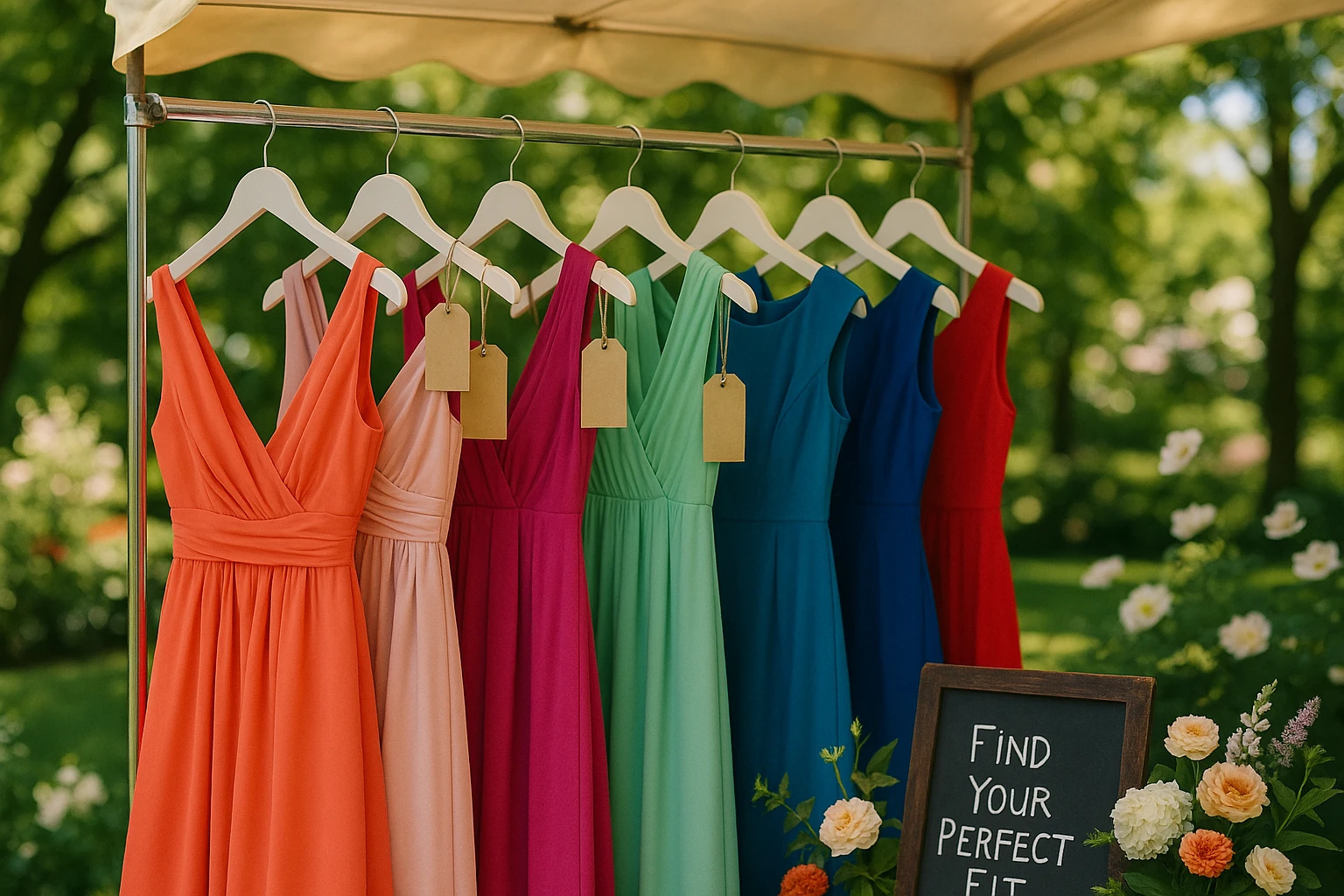 A rack of vibrant dresses hanging outdoors beneath a sunlit canopy, with tags showcasing different occasion labels like 