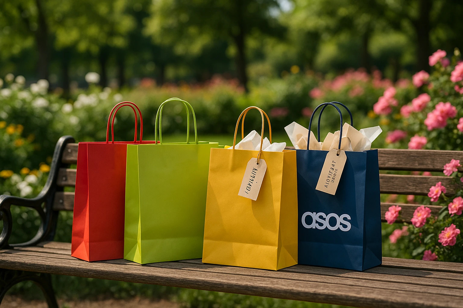 A series of colorful shopping bags with logos from Nordstrom and Asos placed on a park bench, surrounded by blooming flowers and trees, with tags sticking out of the bags labeled 