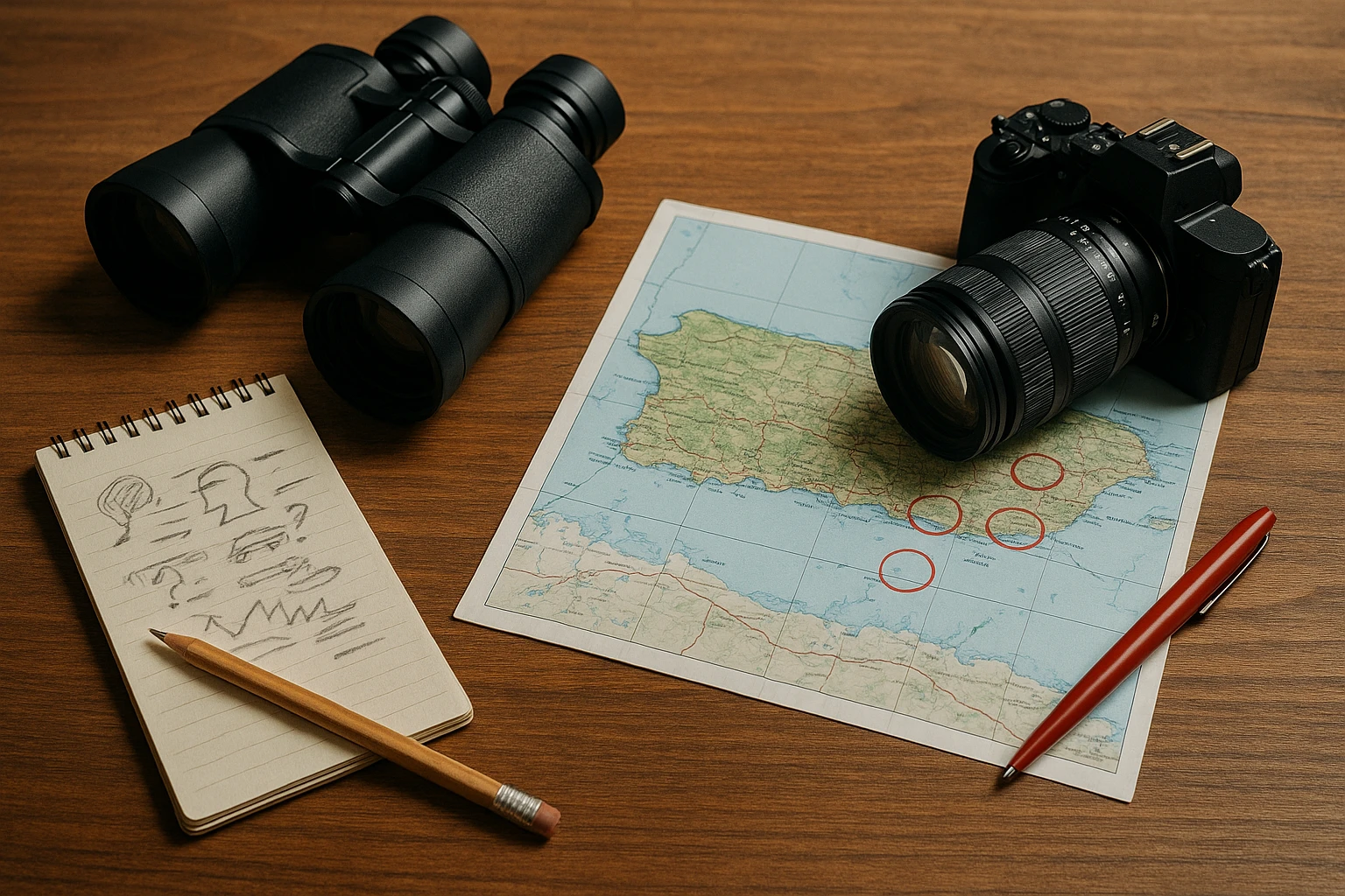 A private investigator's toolkit spread out on a wooden table, including binoculars, a notepad with scribbled clues, a small camera with a zoom lens, and a map of Puerto Rico marked with red circles.