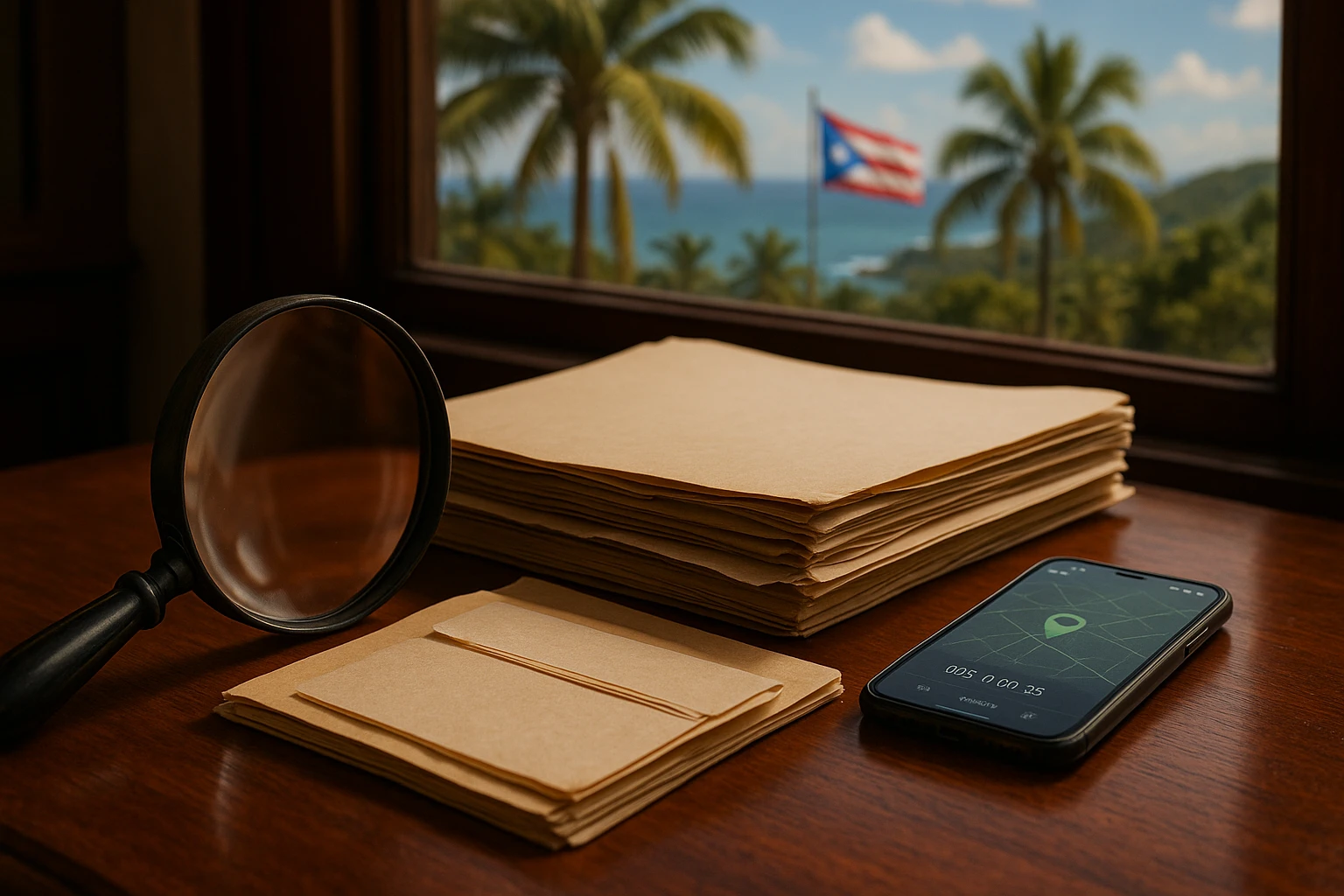 A close-up of a magnifying glass resting on a crafted mahogany table, with a stack of case files labeled 