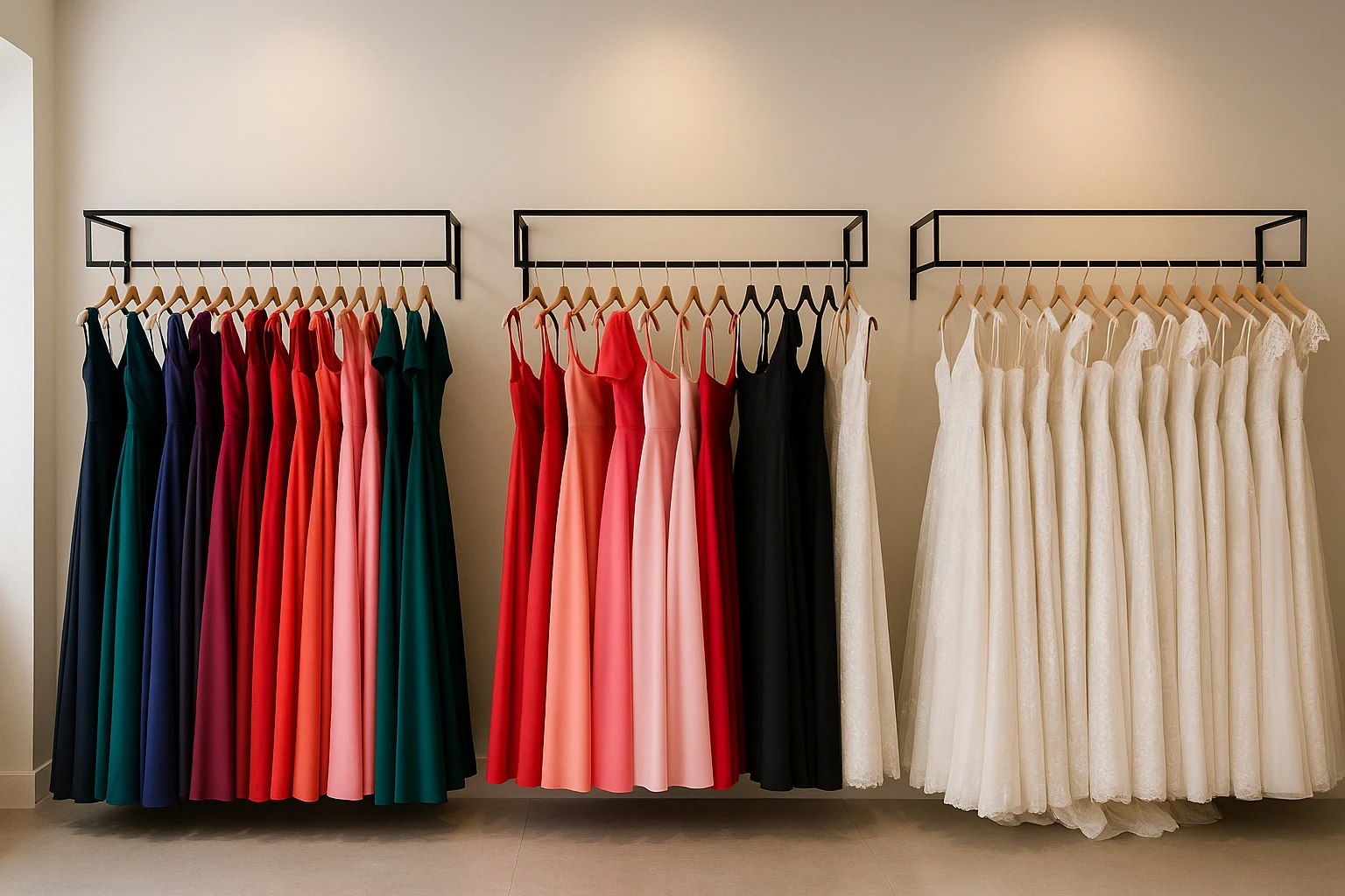 Rows of colorful dresses hanging neatly on racks, with labels indicating categories like 