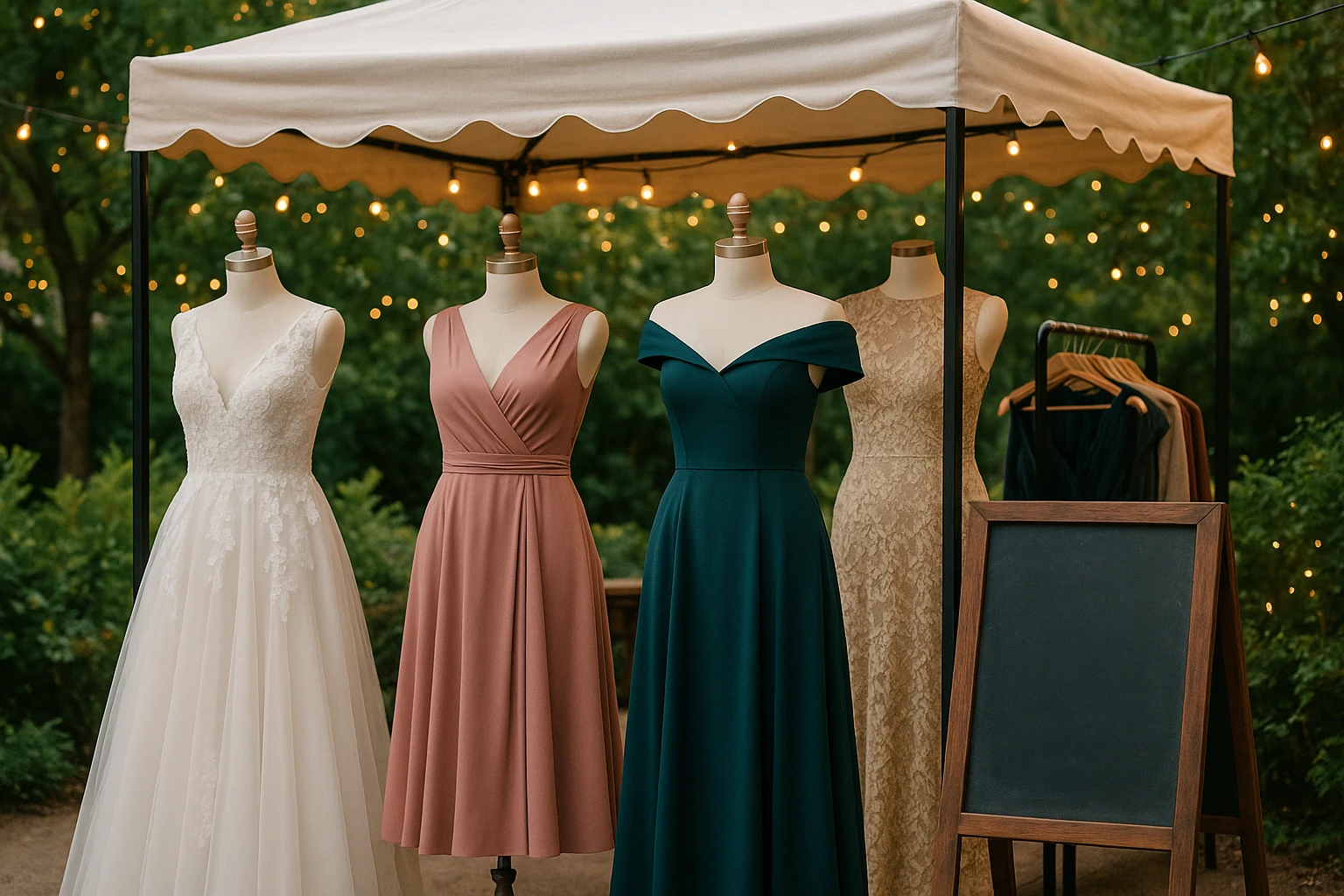 A stylish outdoor pop-up stall showcasing a variety of occasion-specific dresses on elegant mannequins, surrounded by greenery and twinkling fairy lights, with a rustic chalkboard sign listing categories like 