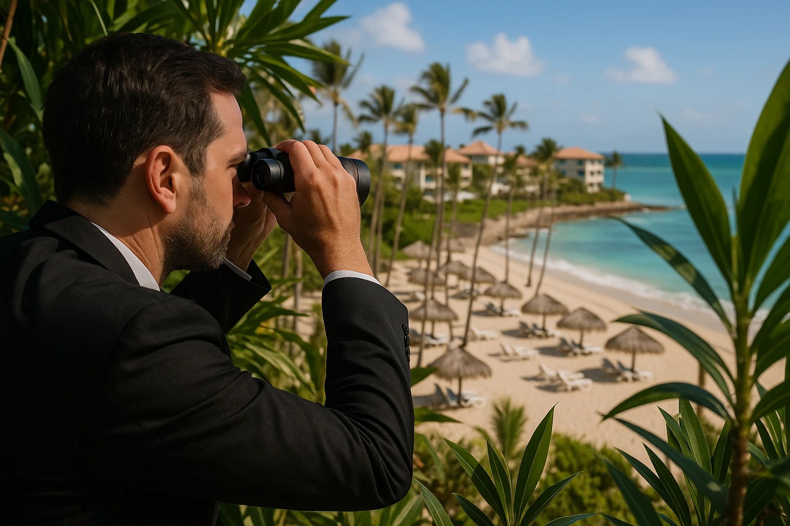 A private investigator in Punta Cana discreetly observing a beachside resort scene, using binoculars from a distance behind tropical foliage, with the ocean and resort buildings in the background.