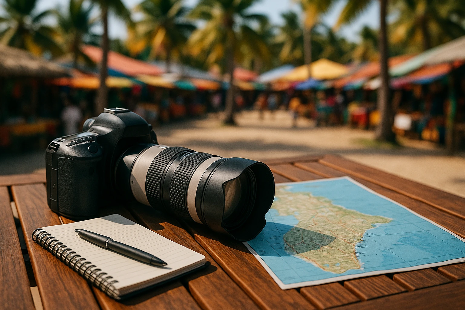 A set of professional investigation tools including a camera with a telephoto lens, a notebook, and a map of Punta Cana spread on a wooden patio table overlooking a bustling local marketplace with colorful stalls and palm trees in the background.