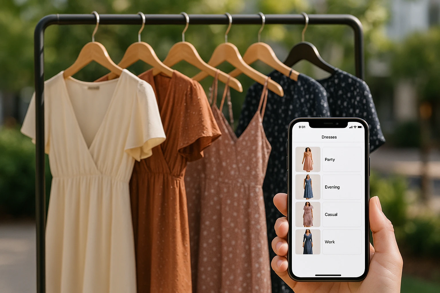 A collection of dresses hanging on a stylish outdoor clothes rack, with a smartphone in the foreground displaying a shopping app that lists various occasion-specific dress categories.