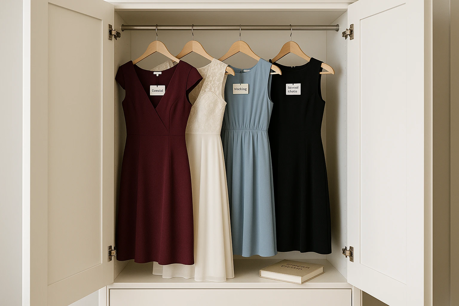 A neatly organized wardrobe with open doors, showcasing a variety of occasion-specific dresses on hangers, each tagged with descriptions like 