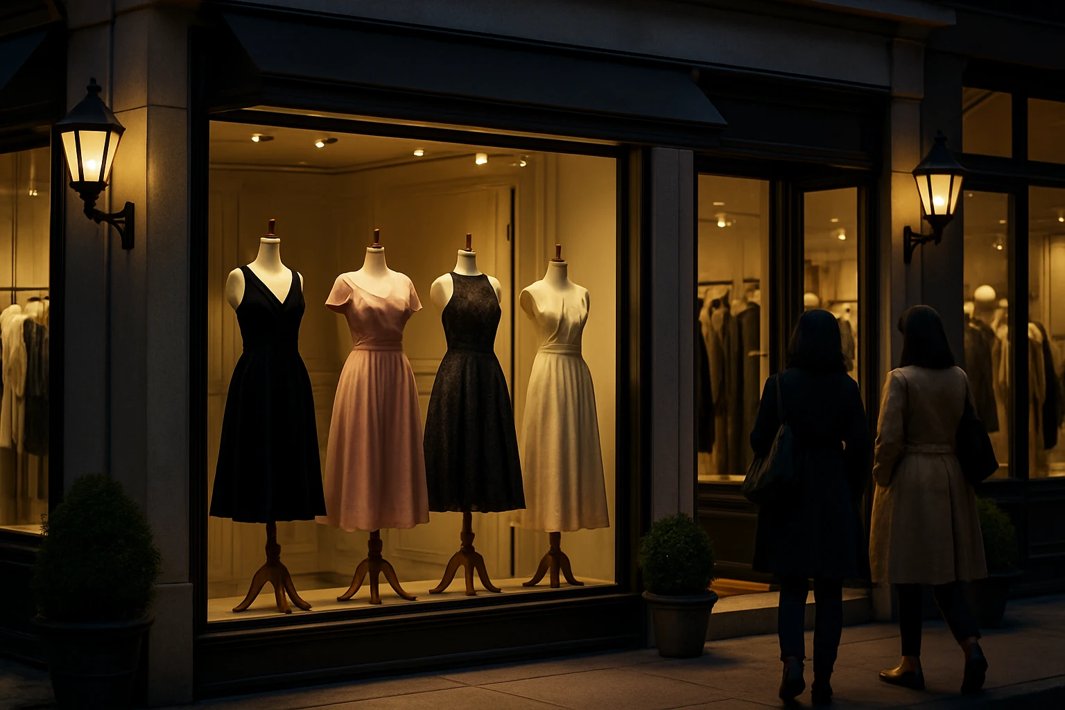 A stylish boutique storefront with a mannequin display featuring a variety of elegant dresses, lit by soft evening streetlights, and shoppers browsing through window displays.