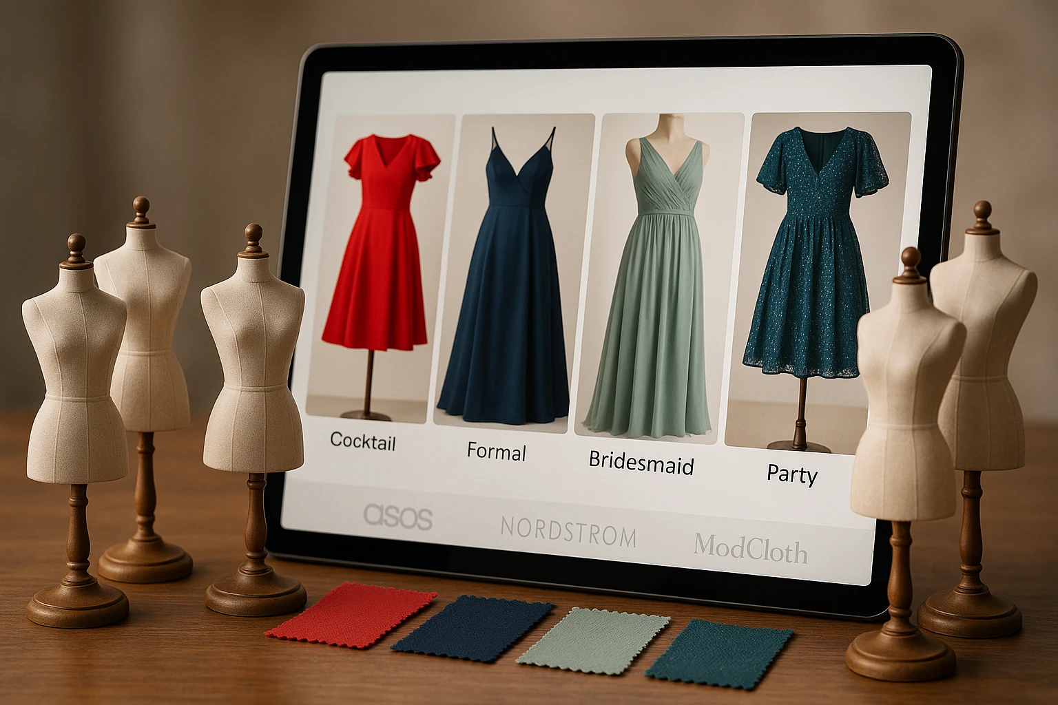 A vibrant online shopping scene showing a digital gallery of occasion-specific dresses on a large touch screen, surrounded by elegant mini mannequins displaying sample fabric swatches, with the logos of ASOS, Nordstrom, and ModCloth subtly embossed at the bottom.