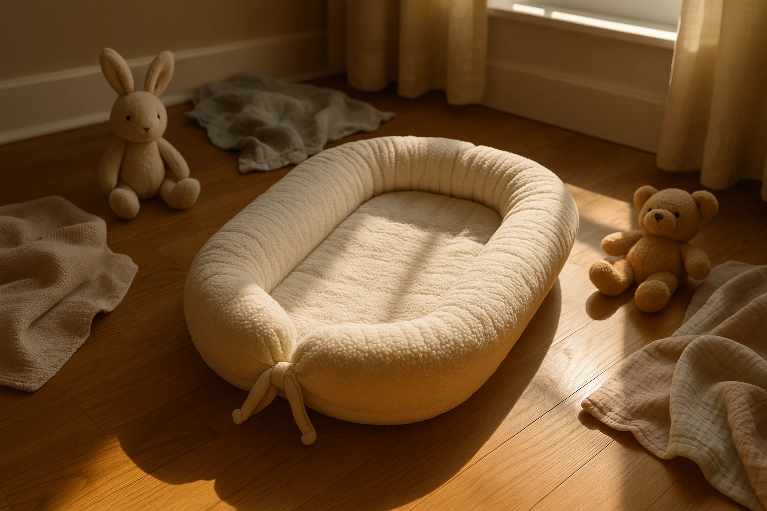 A plush baby lounger nestled on a wooden nursery floor, surrounded by soft toys and pastel-colored blankets, sunlight streaming through a nearby window creating a warm, inviting atmosphere.