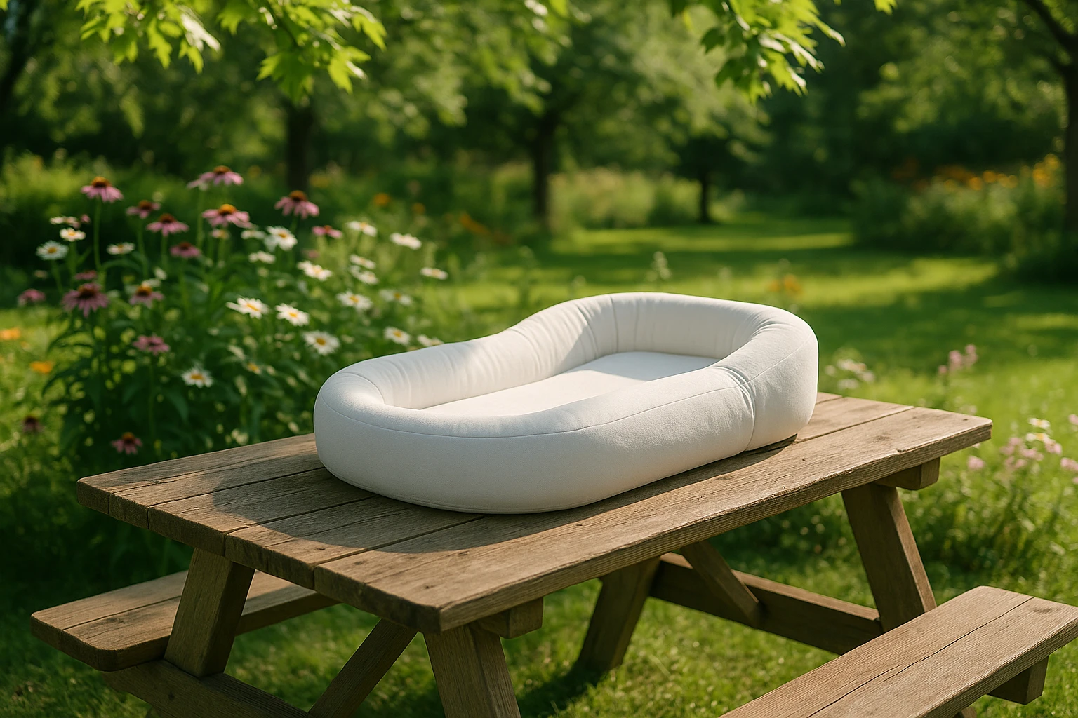 A minimalist white baby lounger placed on a rustic wooden picnic table in a sunlit garden, surrounded by blooming flowers, with a gentle breeze rustling the leaves, embodying a serene outdoor setting.
