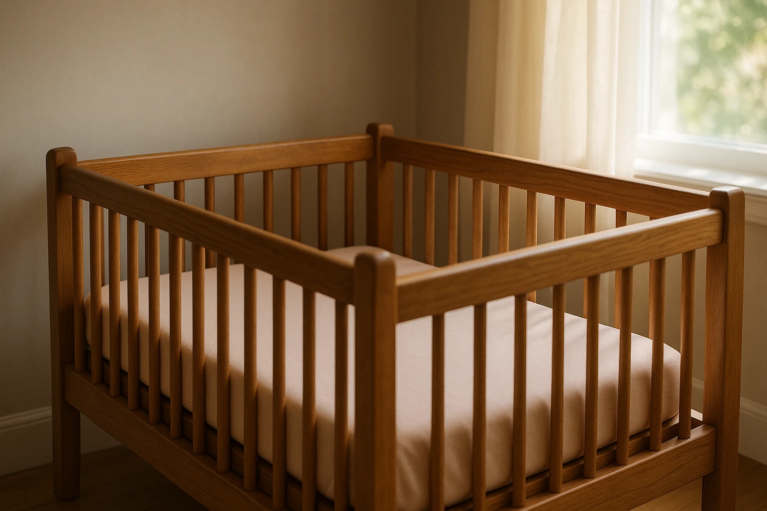 A cozy nursery scene featuring a wooden crib with a firm mattress, draped with a snug-fitting pastel-colored fitted sheet, surrounded by soft, natural light filtering through a nearby window.