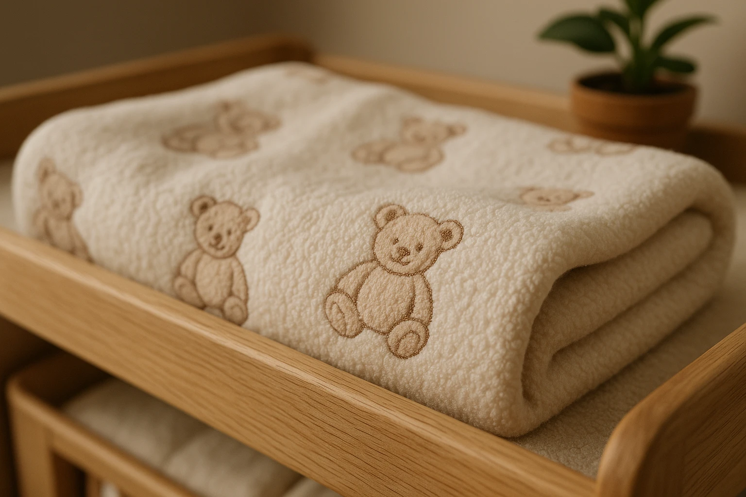 A close-up of a plush baby blanket made from organic cotton, featuring a delicate embroidered teddy bear pattern in soft, earthy tones, set atop a wooden changing table with a small, potted plant adding a touch of greenery in the background.