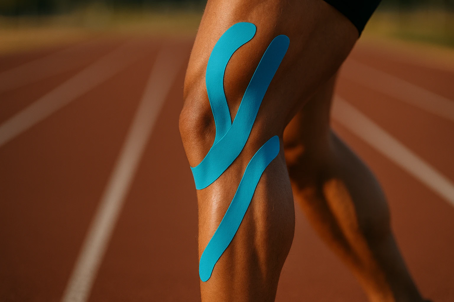 A close-up of a muscular athlete's leg, highlighting bright blue kinesio tape applied in intricate patterns over the calf and knee, set against a background of an outdoor running track.