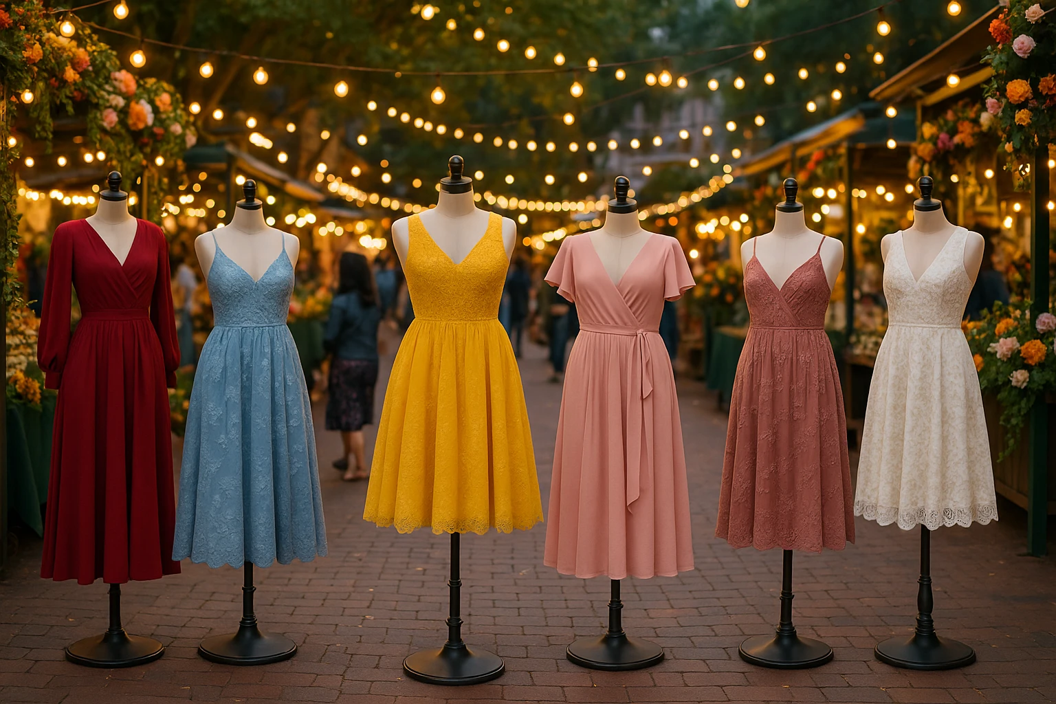 A vibrant outdoor marketplace scene with a variety of occasion-specific dresses displayed on stylish mannequins, surrounded by string lights and floral decorations, inviting shoppers to explore the options in a lively and festive atmosphere.