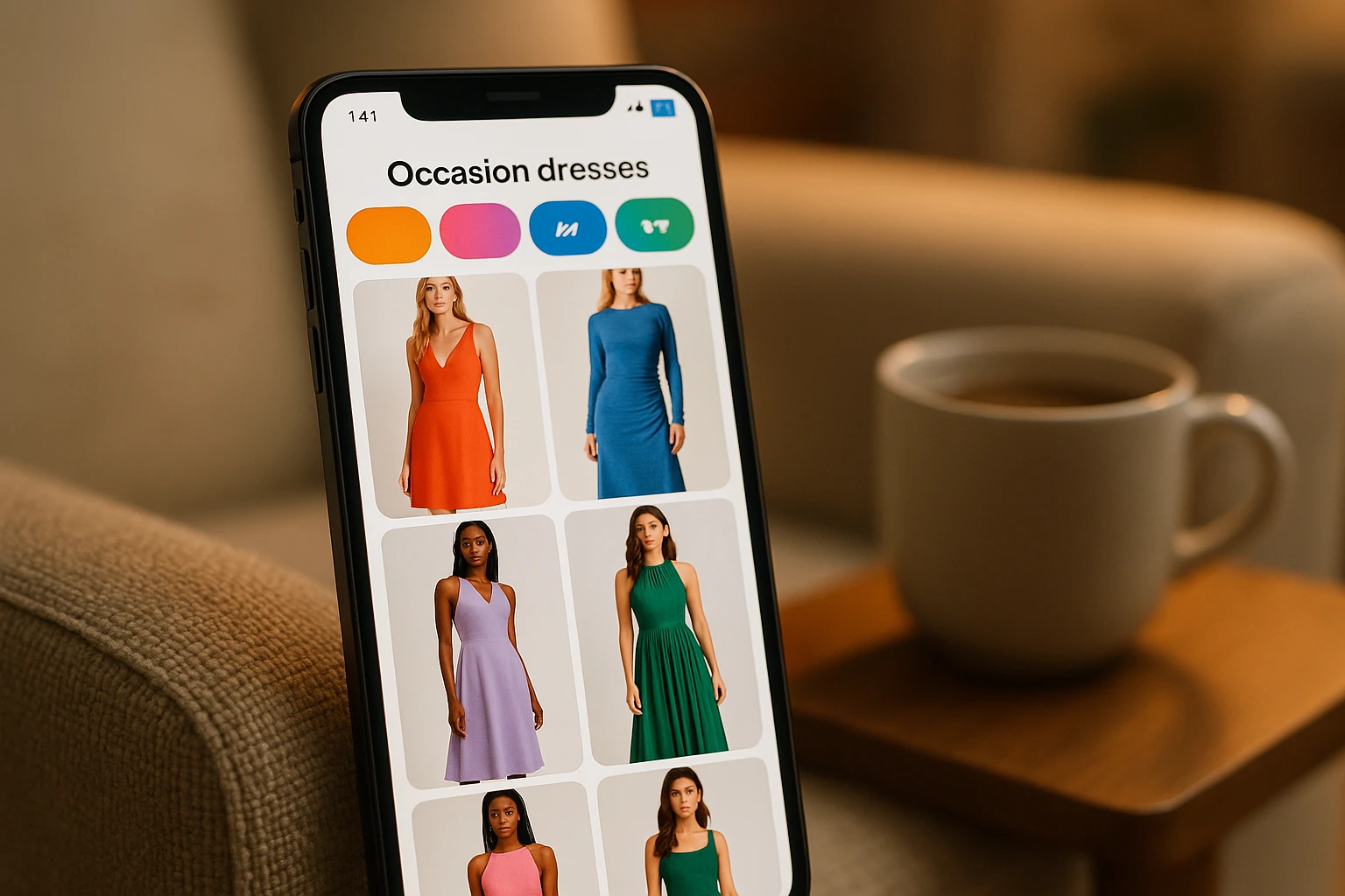 A close-up of a smartphone screen displaying an array of occasion-specific dresses on a vibrant shopping app interface, with colorful filters and brand logos like Lyst and ShopStyle visible, set against a backdrop of a cozy living room with a cup of coffee resting nearby.