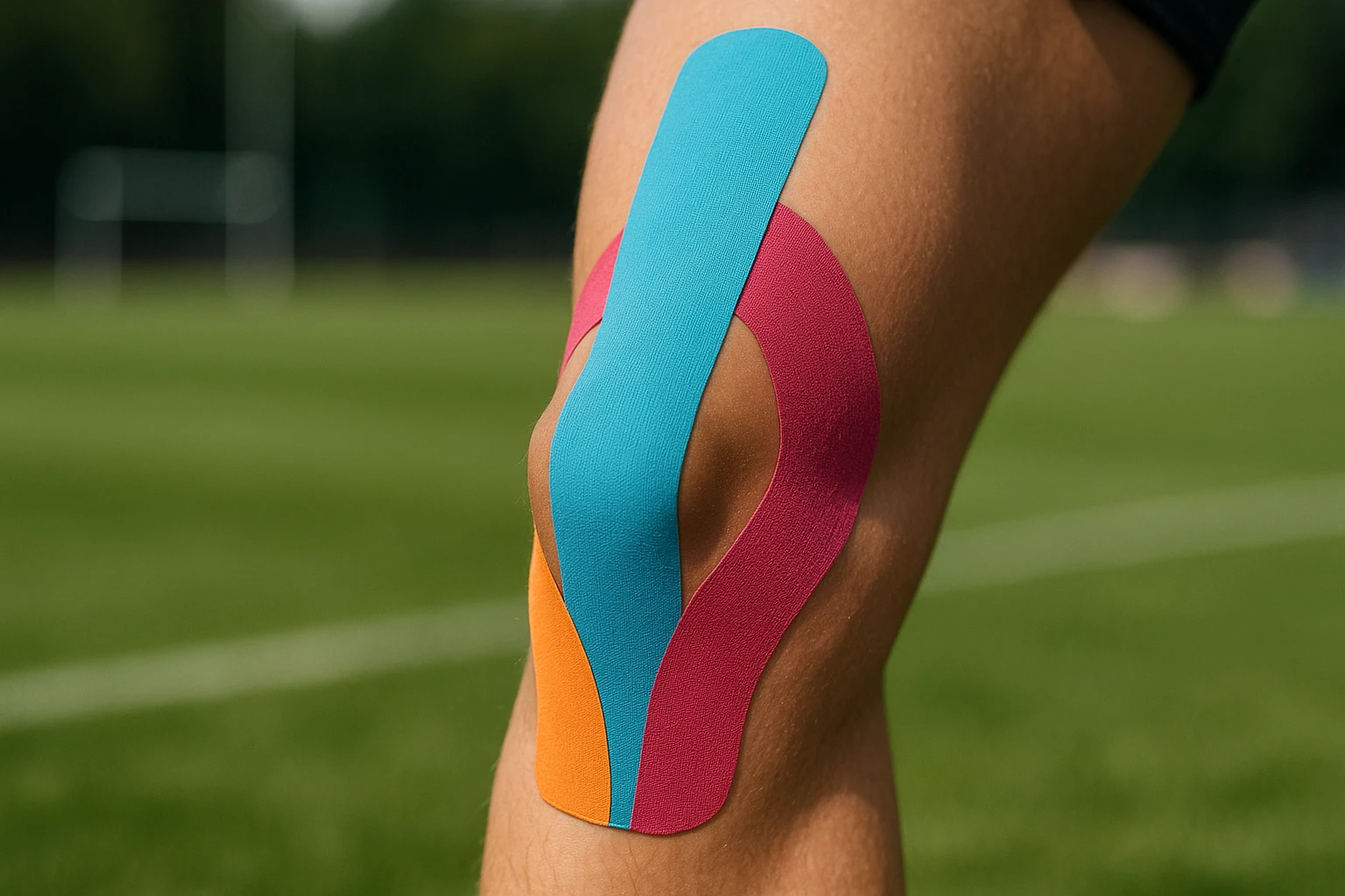 A close-up of a colorful Kinesiotape applied to an athlete’s knee, with a blurred background of a football field, highlighting the tape's support during dynamic movements.