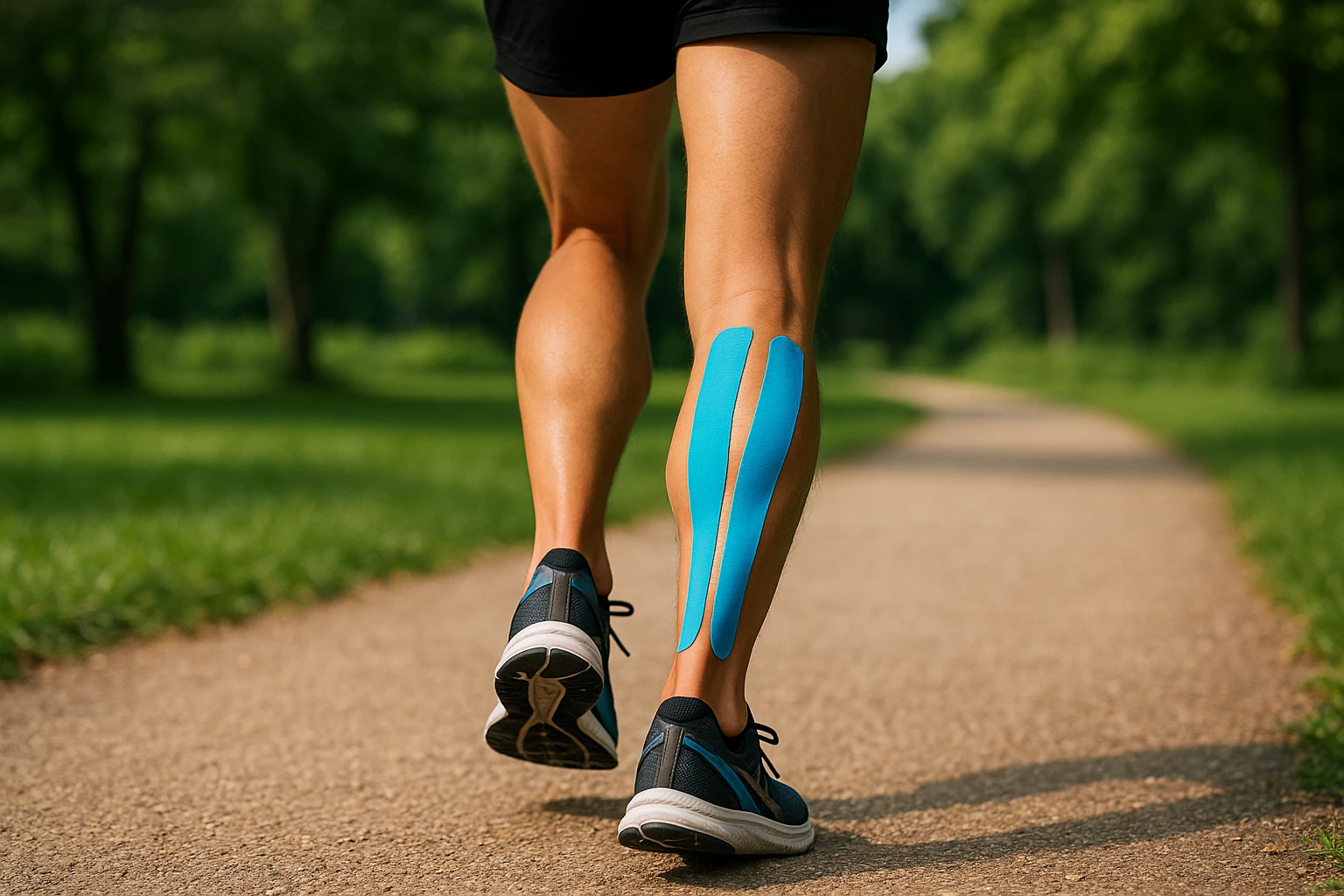 A runner's legs on a gravel path, with bright blue Kinesiotape applied to the calf muscles, contrasting against the greenery of a park, showcasing the tape's role in enhancing muscle support and recovery during a jog.