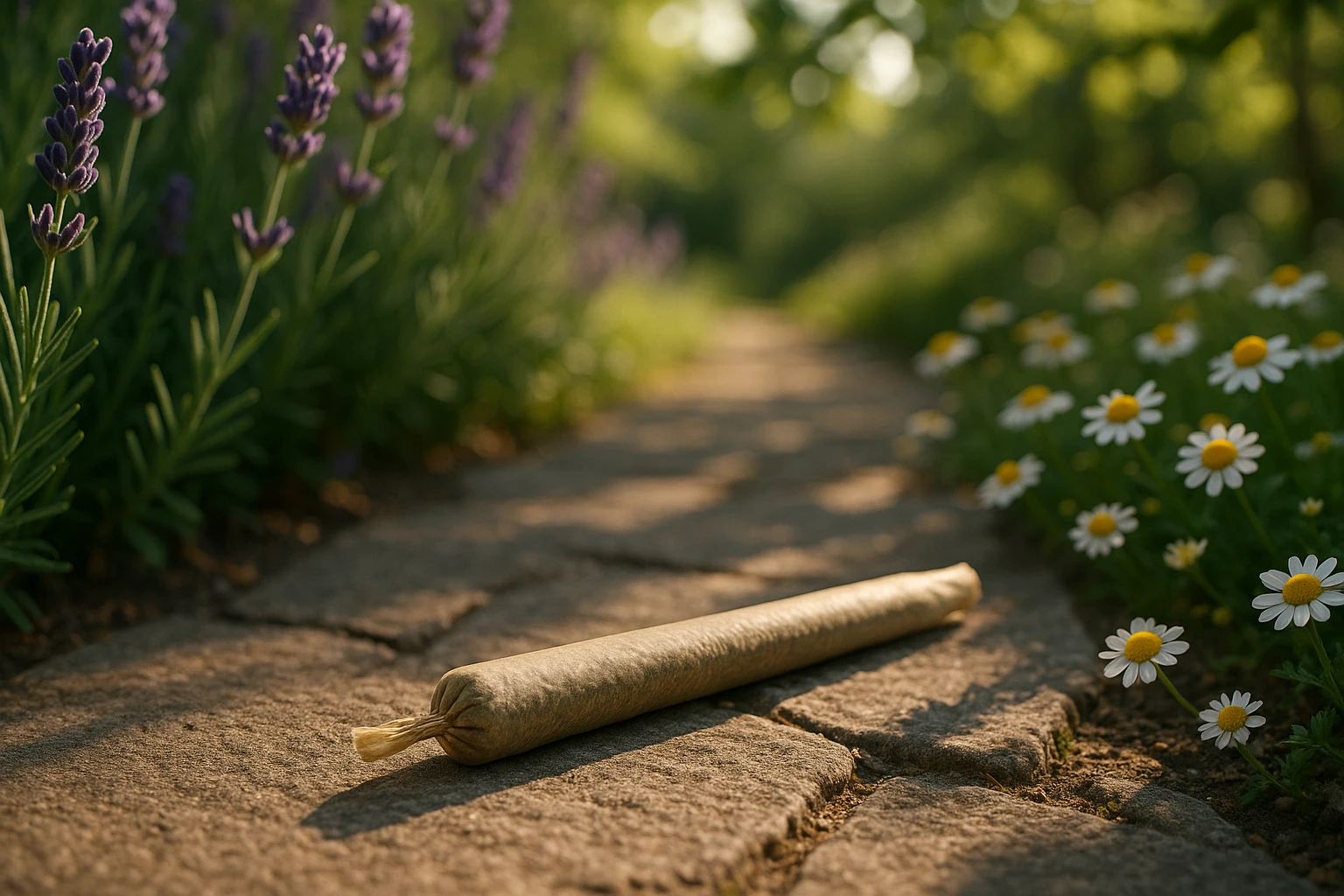 A neatly rolled CBD cigarette placed on a stone garden path, surrounded by blooming lavender and chamomile, with sunlight filtering through the leaves of an overhanging tree casting soft shadows.