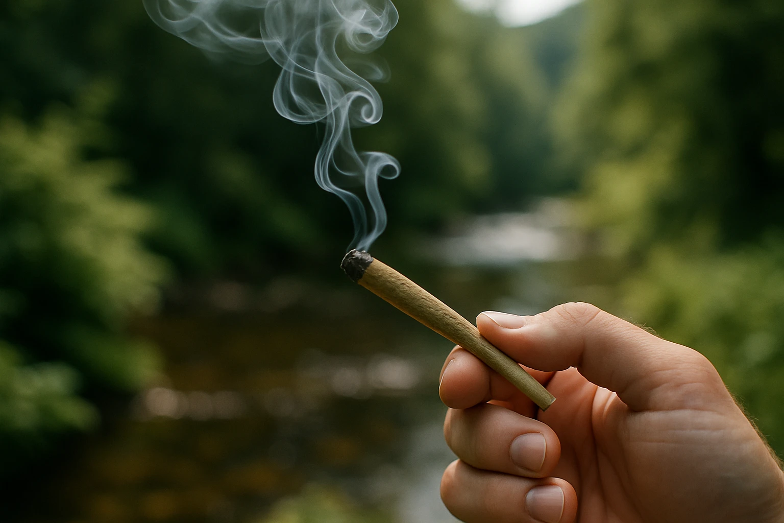 A close-up of a hand holding a beautifully crafted CBD cigarette, with delicate spirals of smoke rising against a serene, natural backdrop of lush greenery and a gentle stream.