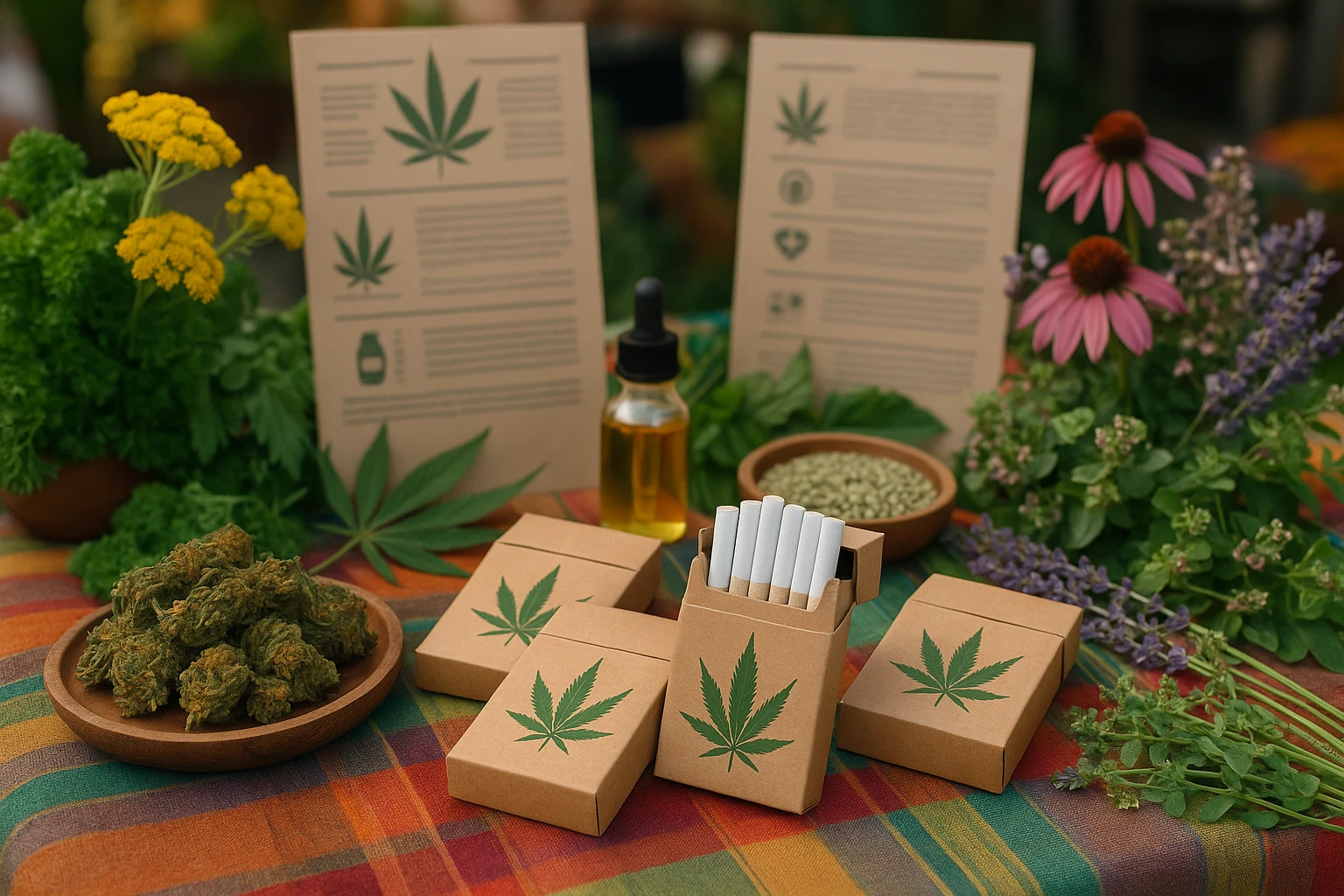 A colorful market stall displaying a variety of hemp-based products, including CBD cigarettes in eco-friendly packaging, surrounded by fresh herbs and flowers, with informational pamphlets offering health and safety insights.