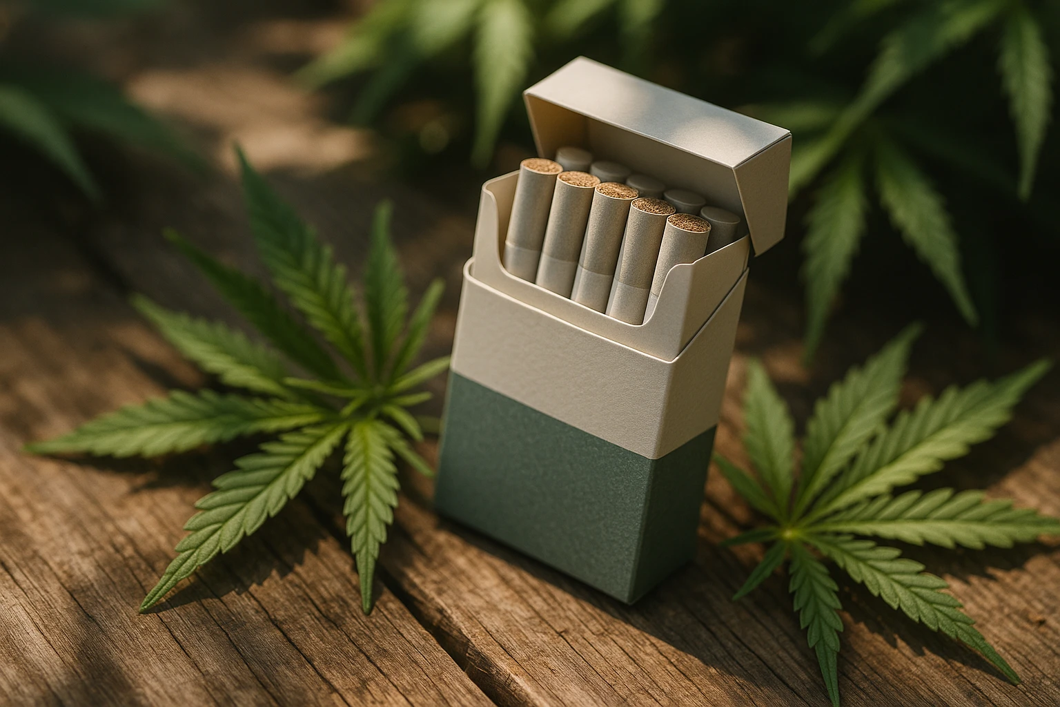 Close-up of an elegantly designed pack of premium hemp cigarettes resting on a rustic wooden table, surrounded by fresh, green hemp leaves under dappled sunlight.