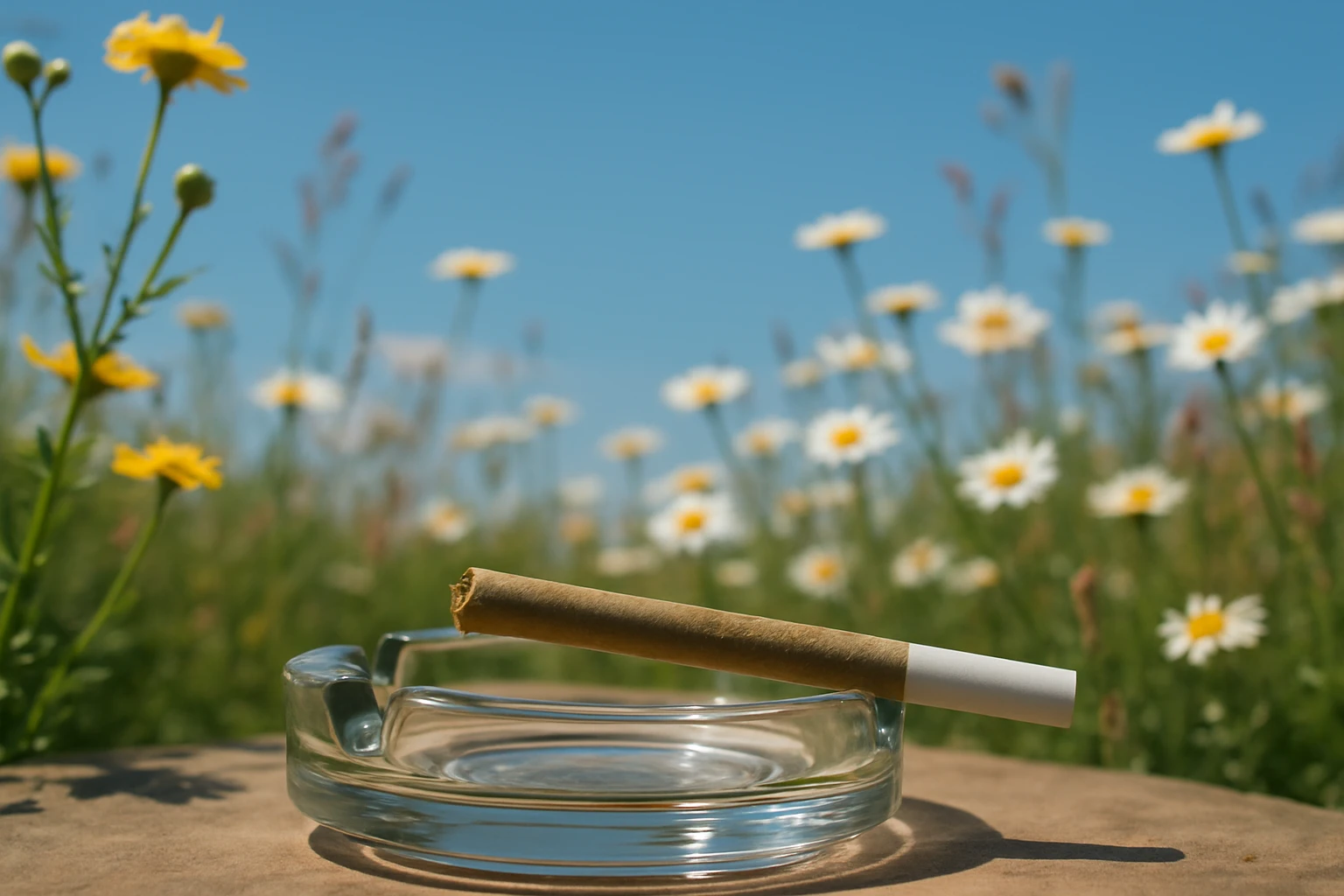 A serene outdoor setting with a vintage ashtray holding a single premium hemp cigarette, surrounded by wildflowers and a clear blue sky in the background, conveying a sense of natural tranquility.