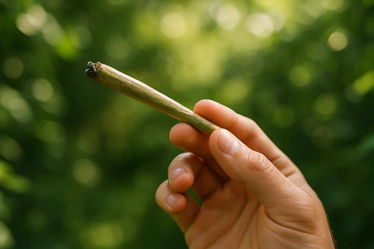 A close-up of a hand elegantly holding a rolled CBD flower smoke against a backdrop of lush greenery, with gentle sunlight filtering through the leaves, highlighting the subtle textures of the paper and the natural hues of the flower.
