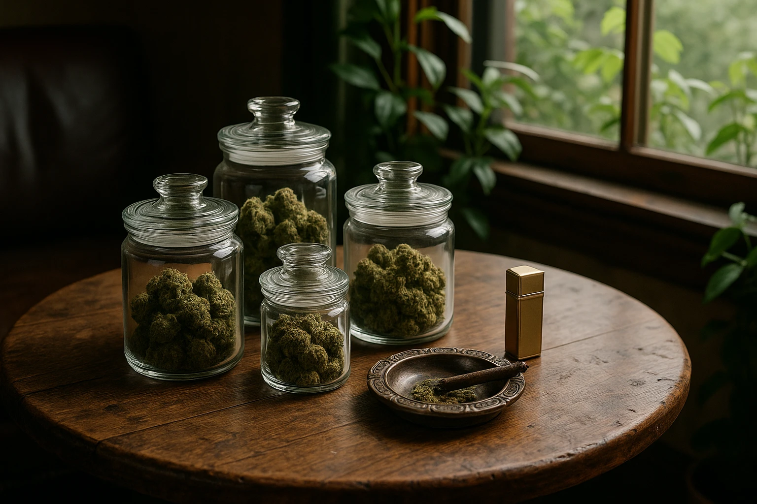 A beautifully arranged smoking lounge corner featuring a rustic wooden table set with various CBD flower jars, an elegant lighter, and a vintage ashtray, all bathed in soft natural light from a nearby window lined with green plants.