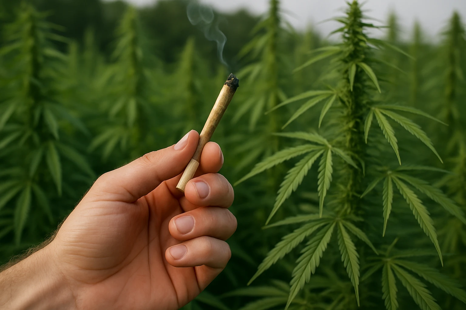 A close-up shot of a hand holding a CBD cigarette against a backdrop of lush hemp fields, highlighting the natural, plant-based origin of the product.