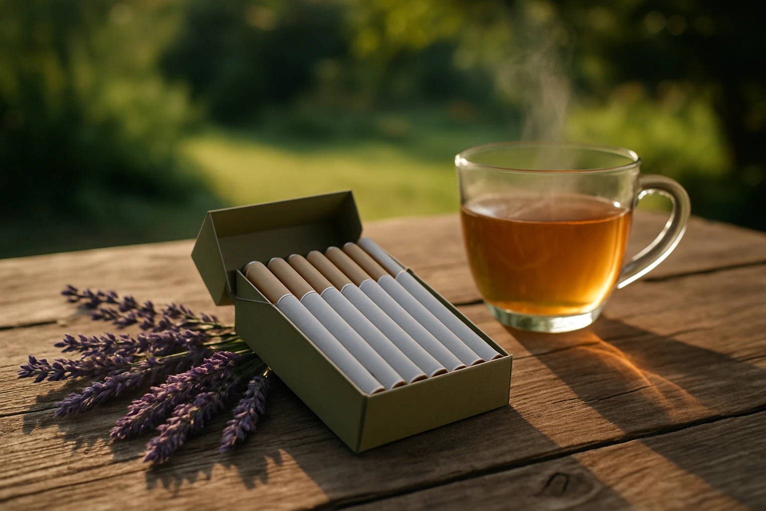 A rustic wooden table adorned with a sleek open box of CBD cigarettes, surrounded by sprigs of fresh lavender and a steaming cup of herbal tea, set against the backdrop of a peaceful garden in soft morning light.
