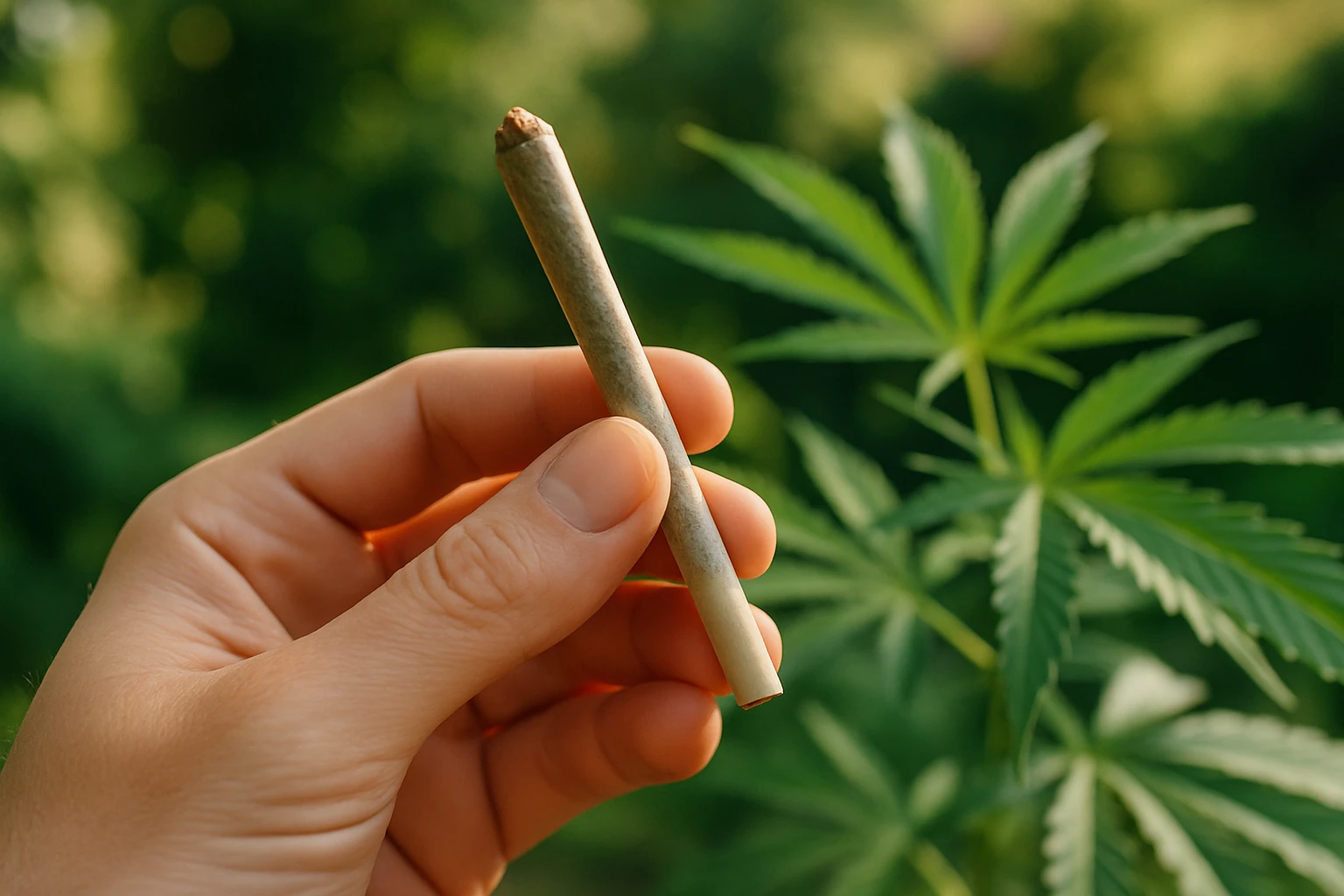 A close-up of a hand gently holding a CBD cigarette with visible green hemp leaves in the background, set against a serene, sunlit garden.