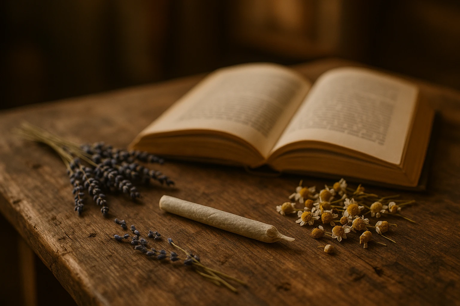 A rustic wooden table adorned with a neatly rolled CBD cigarette resting beside an open book, surrounded by dried lavender and chamomile flowers in an ambient, softly-lit reading nook.