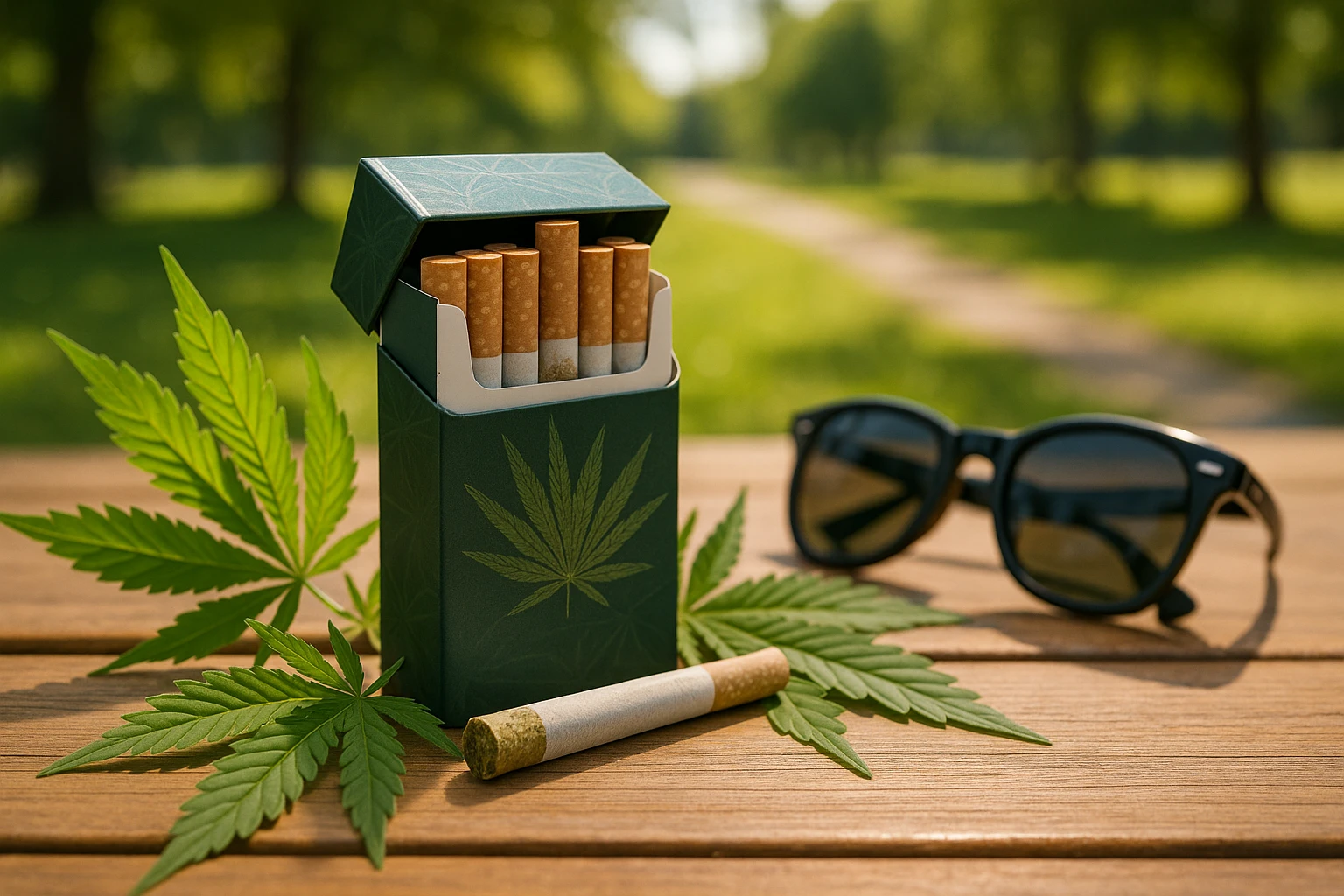 A close-up of a stylish, well-designed pack of CBD cigarettes resting on a wooden table, surrounded by fresh hemp leaves and a pair of sunglasses, with a sunny park in the background.