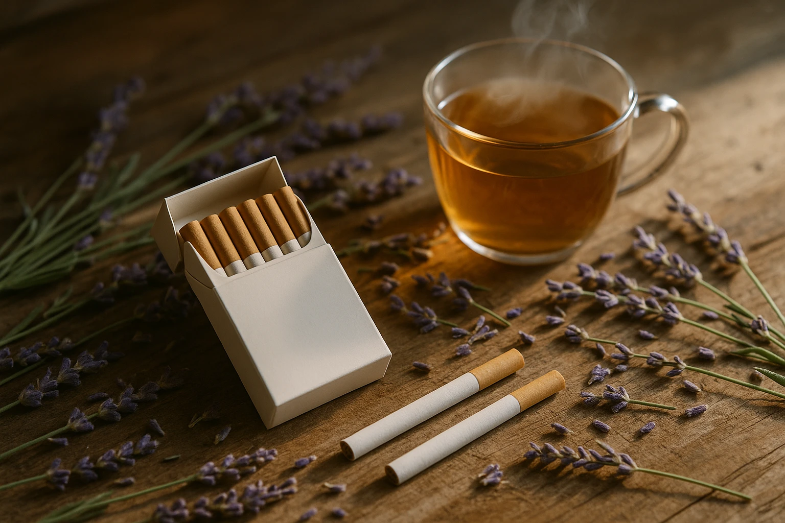 A tabletop scene featuring an open box of CBD cigarettes with a couple of cigarettes placed neatly beside it, surrounded by scattered lavender sprigs and a steaming cup of herbal tea, set against a rustic wooden background with soft morning light filtering in.