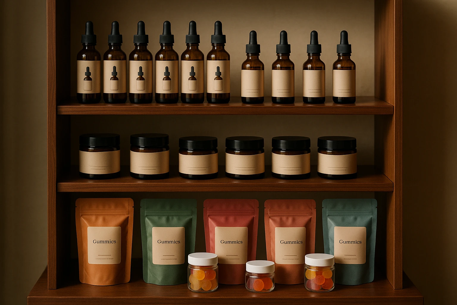 A display shelf in a stylish wellness shop filled with various CBD products, including tinctures in glass bottles, jars of infused creams, and colorful gummy packages, all elegantly labeled and organized under warm, ambient lighting.