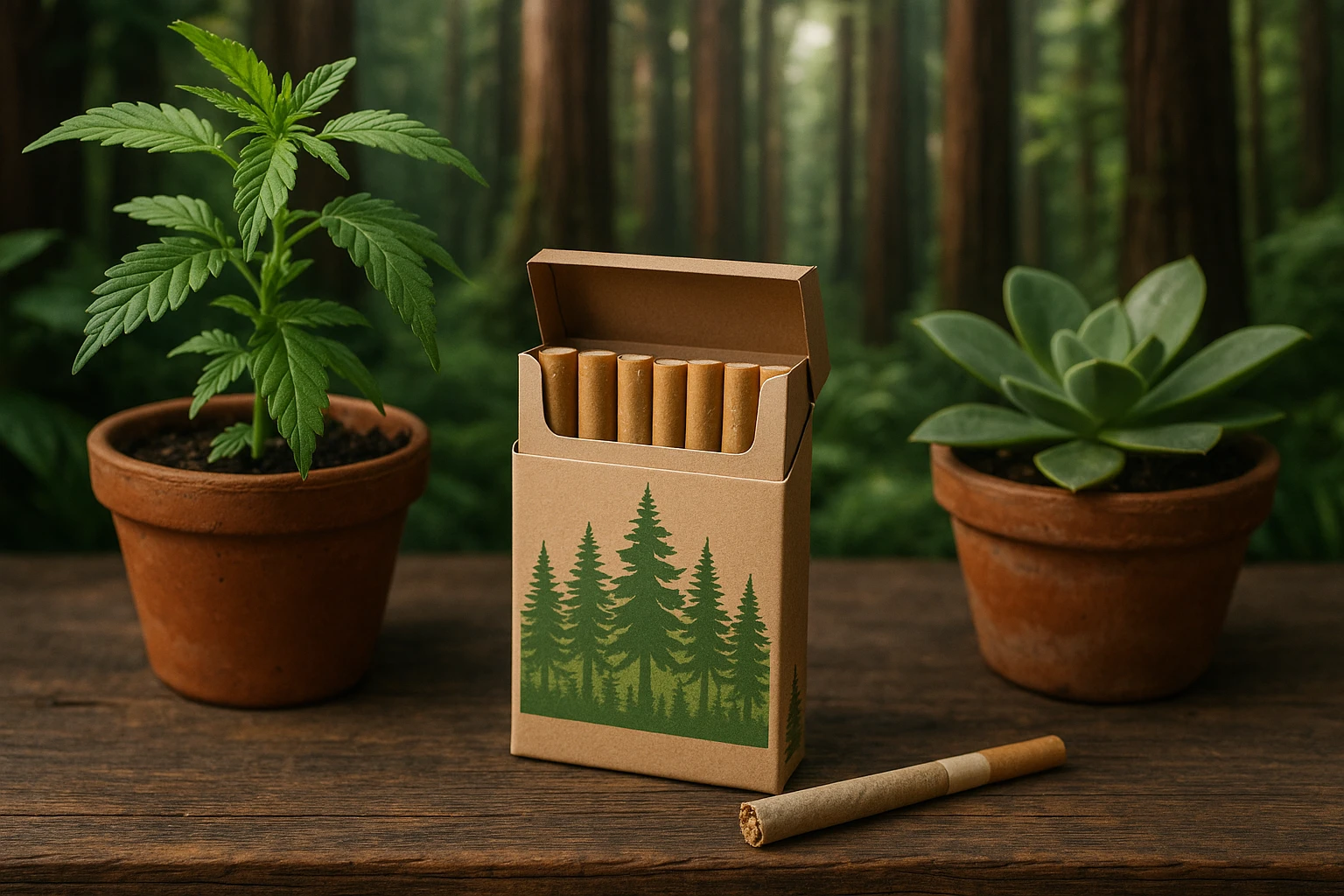 A box of Redwood Reserves hemp products placed on a rustic wooden table surrounded by potted plants and a redwood forest backdrop, showcasing a green and sustainable lifestyle.