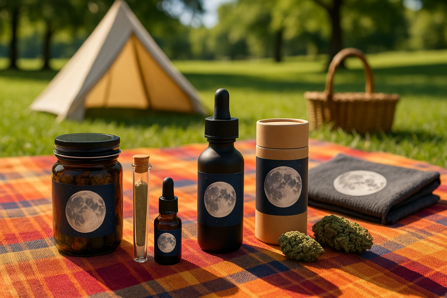A variety of Full Moons Club products, including herbal items and lifestyle accessories, displayed on a vibrant picnic blanket in a sunny park, with a small tent and picnic basket in the background emphasizing an adventurous lifestyle.