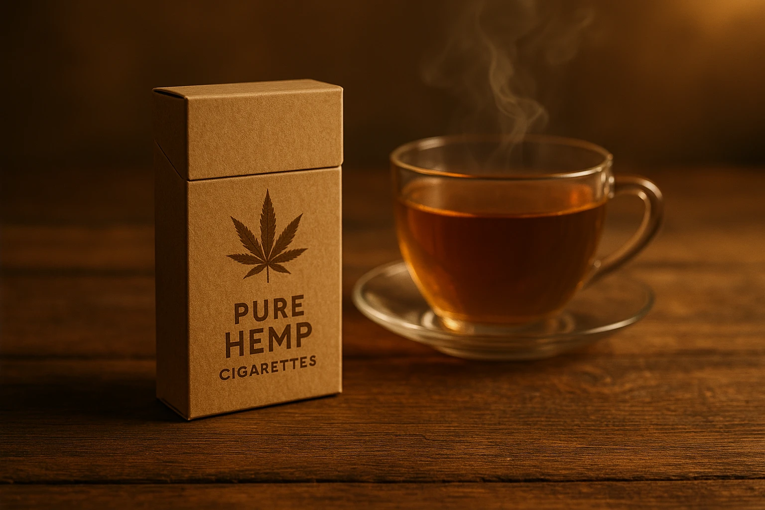 A sleek package of Pure HempSmokes lies on a rustic wooden table beside a steaming cup of herbal tea, with soft evening light spilling across the scene, highlighting the natural fibers of the hemp packaging.