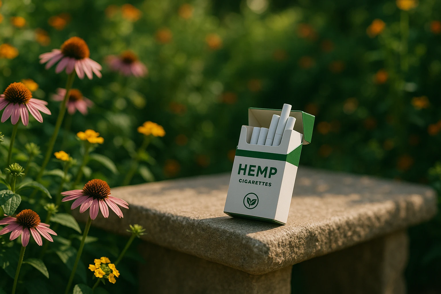 In a sunlit garden, a pack of Pure HempSmokes rests atop a stone bench, surrounded by blooming flowers and greenery, with a small eco-friendly label visible, emphasizing the brand's commitment to sustainability.
